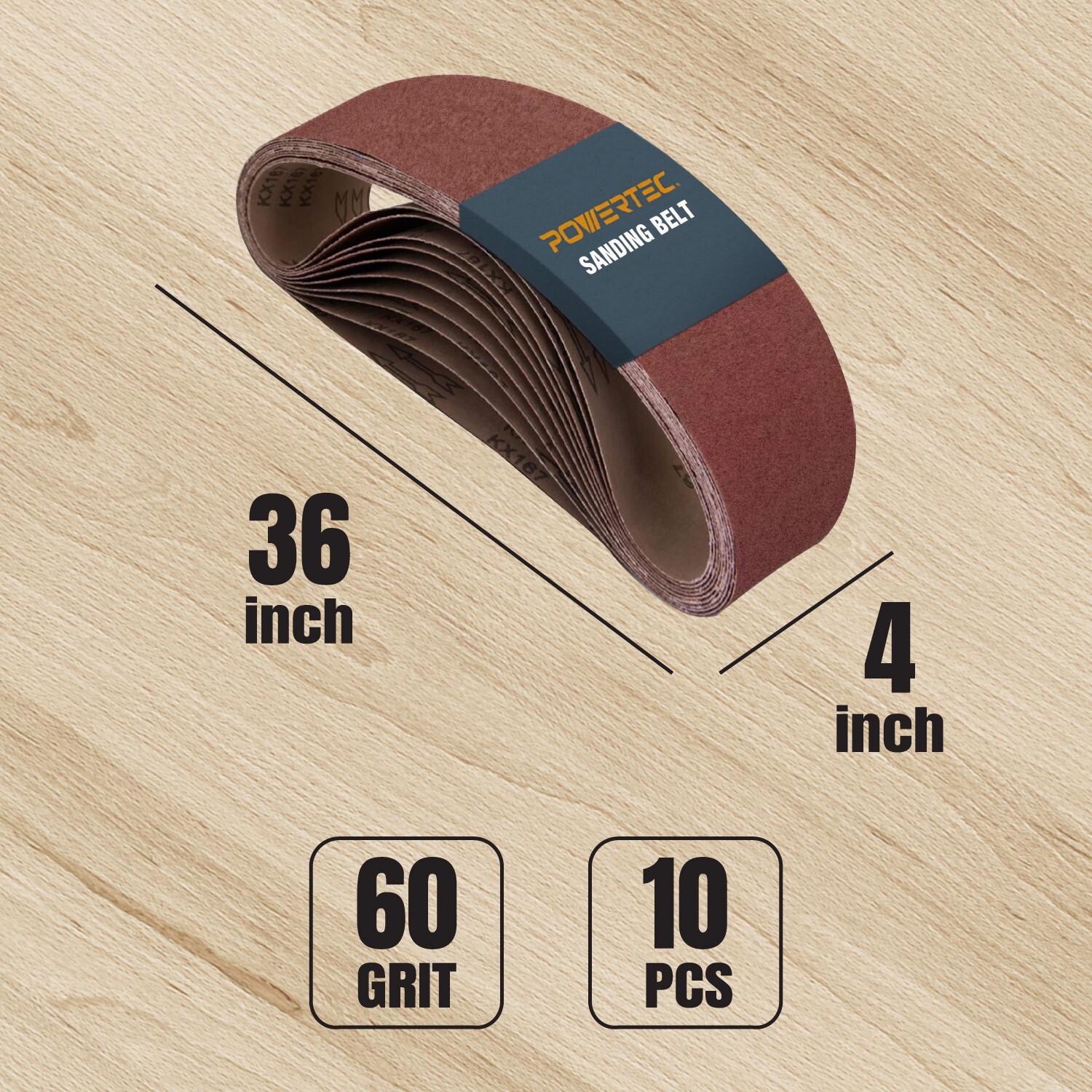 POWERTEC 60 Grit 4 x 36" Sanding Belt Aluminum Oxide Sandpaper, 10 PK (110630)