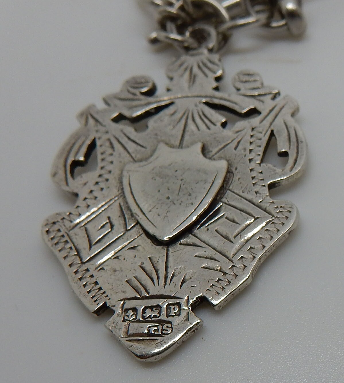 Antique English 30.5g Sterling Silver Double Albert Watch Chain with Fob