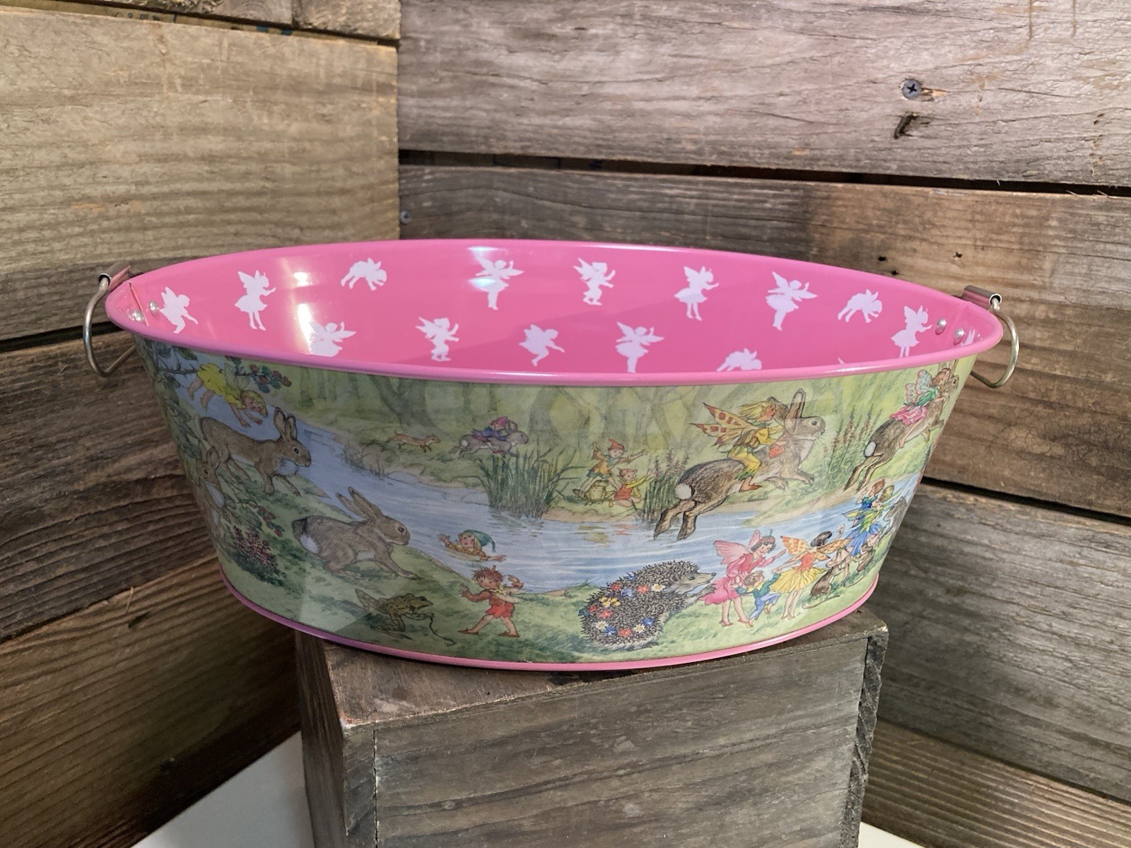 VTG Metal Easter Tin W/ Handles  By Schylling 1996 Fairies Flowers