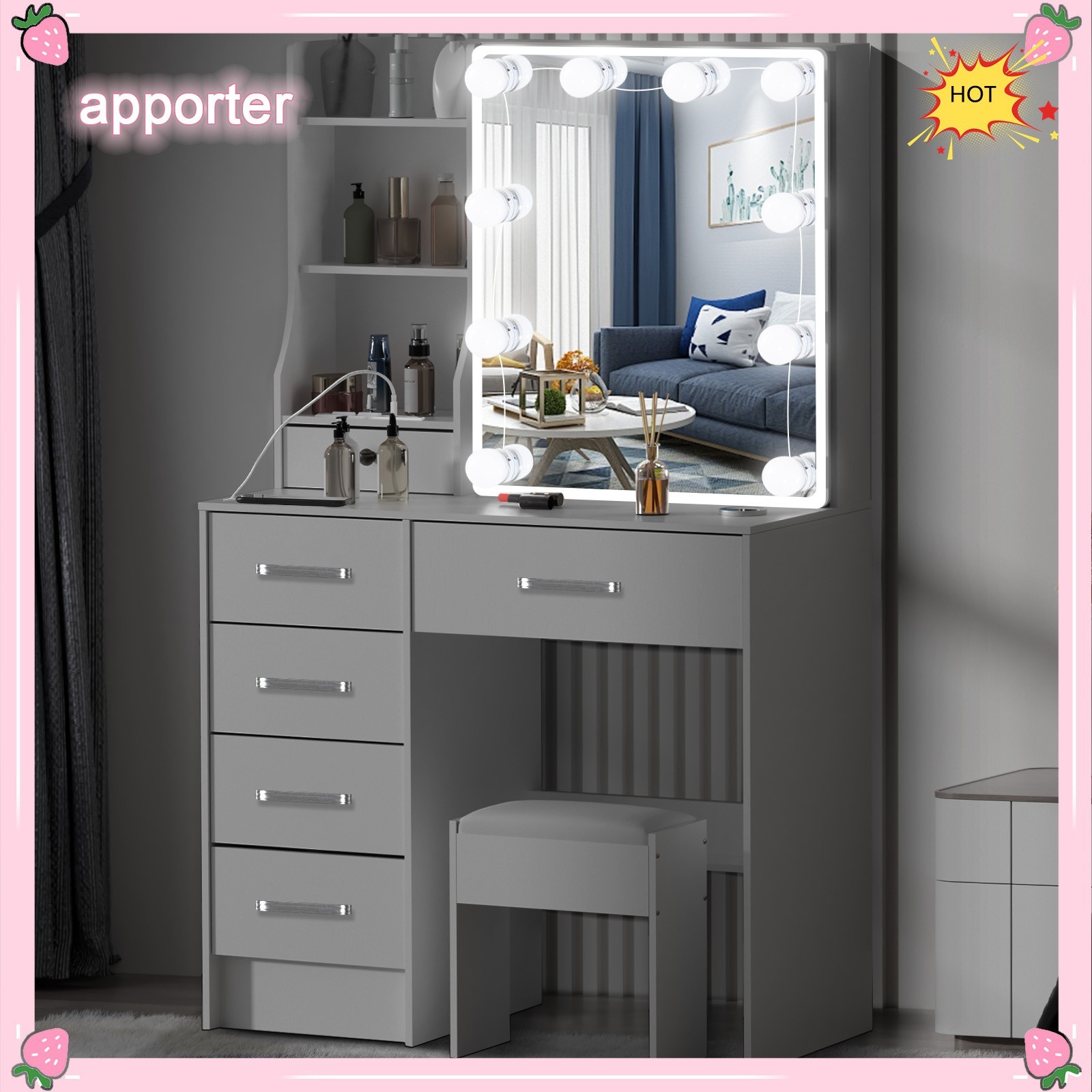 10 LED Bulbs Mirror Vanity Dressing Desk Makeup Dresser Table With USB Port