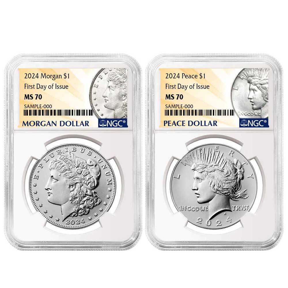 2024 $1 Morgan and Peace Silver Dollar 2pc Set NGC MS70 FDI Morgan & Peac...