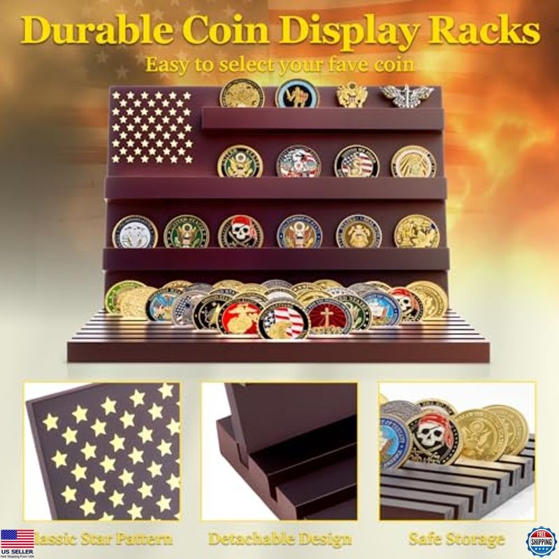 Premium Wooden Challenge Coin Display Stand - 11 Row Military Coin Holder Rack