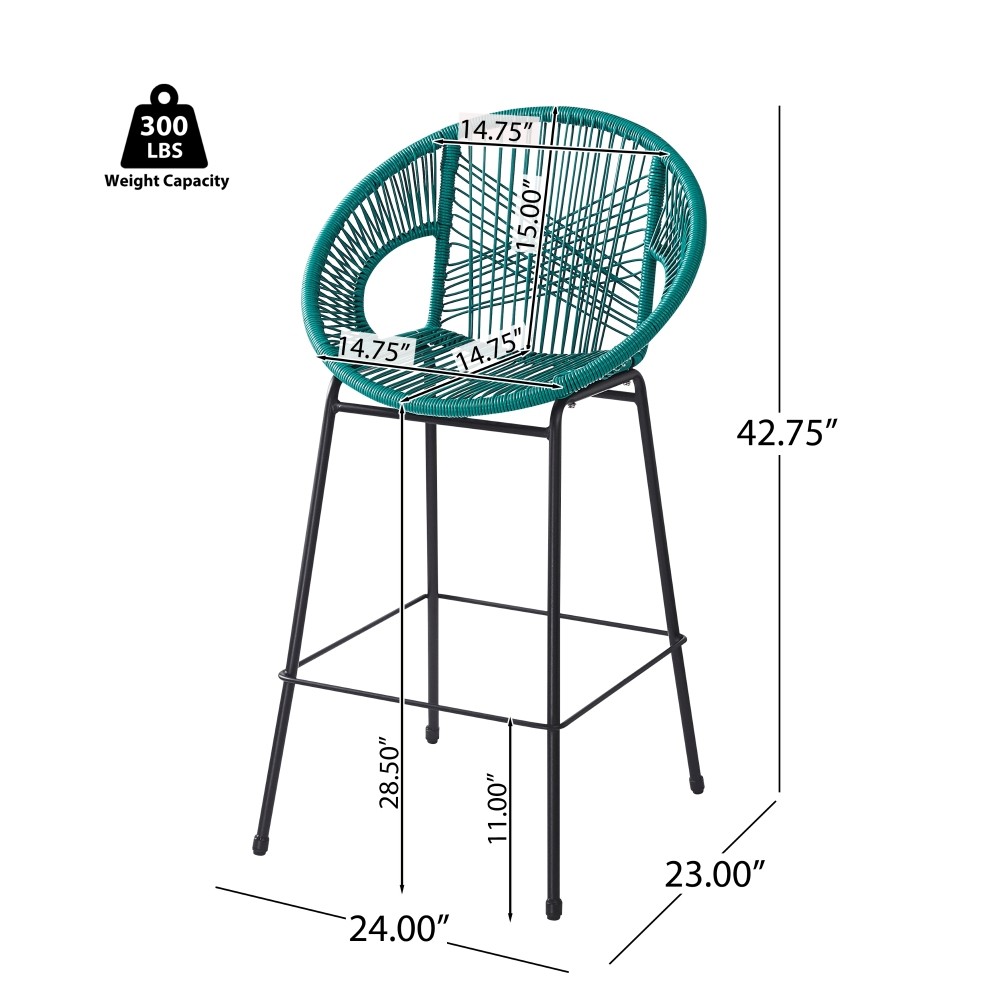 2 Teal & Black Patio Bar Stool Set, Faux Rattan Wicker, UV Resistant