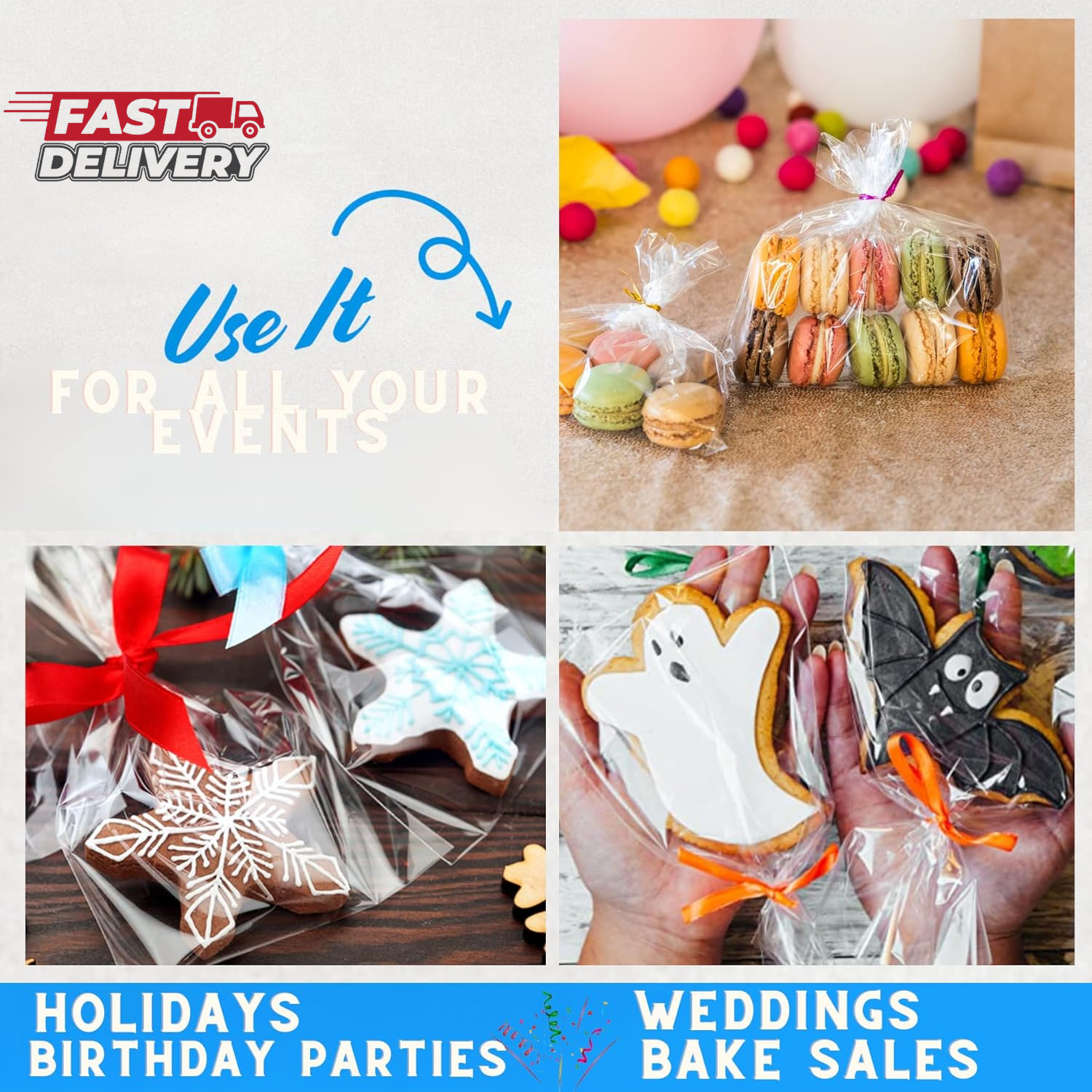 TATTI 200 Pack Clear Cellophane Bags for Favors - Transparent Goodie Bags, 4X9 I