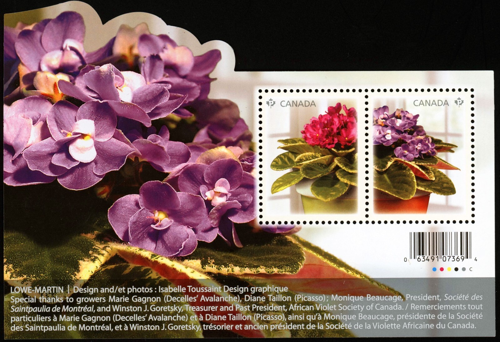 Canada Stamps Souvenir Sheet of 2, African Violets, #2376 MNH