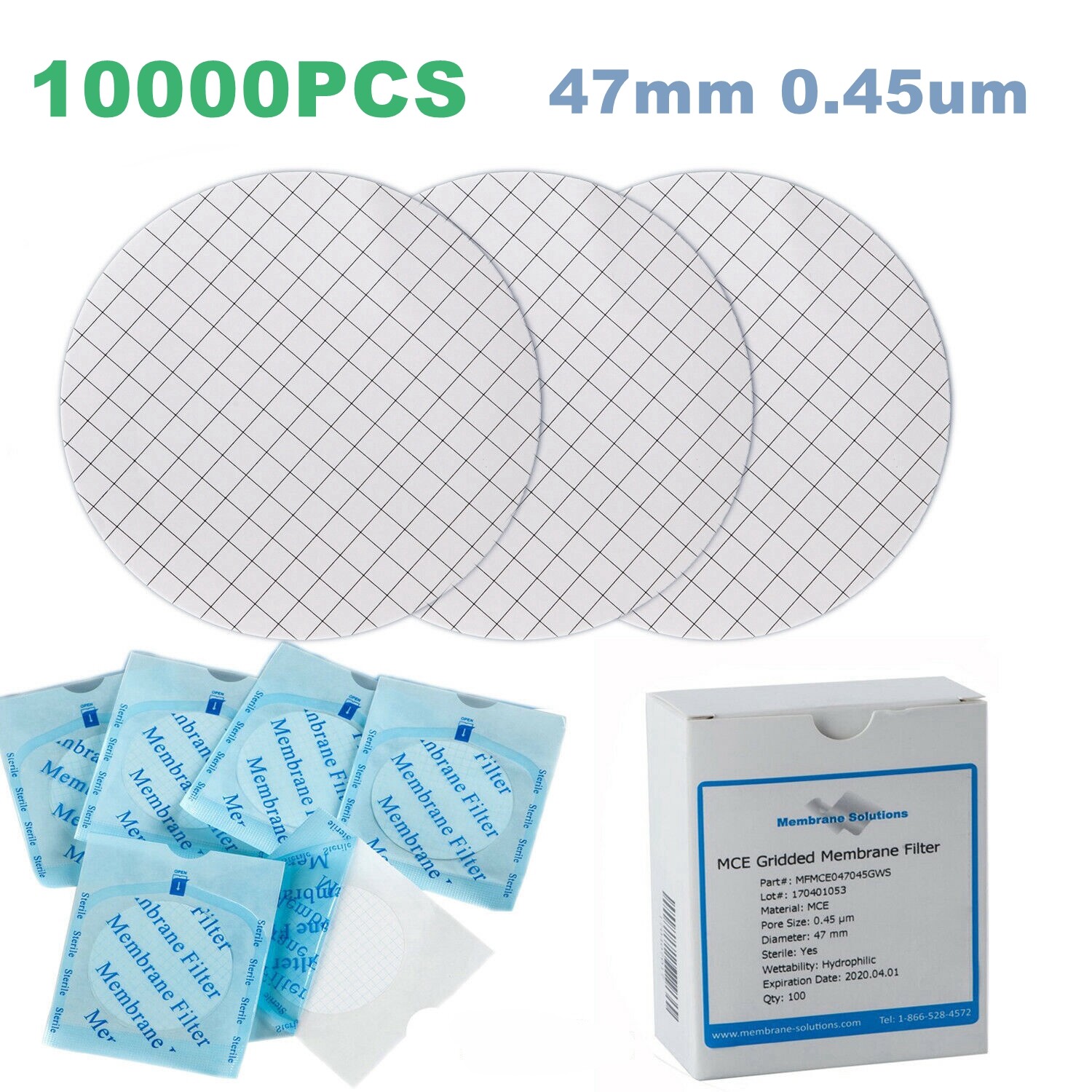 MCE Gridded Membrane Filters, 47mm Diameter, 0.22 um 0.45 μm Pore Size, STERILE