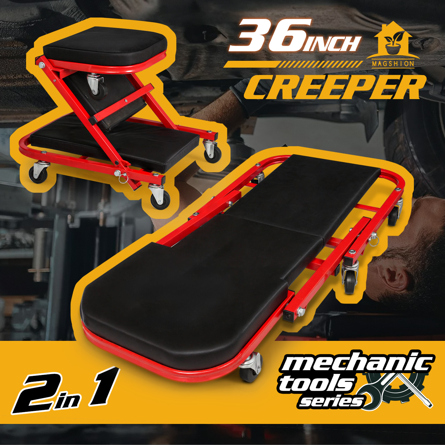 36" Red[FOLDABLE CREEPER+UPHOLSTERED SEAT]Rolling Mechanic Vehicle Repair Stool