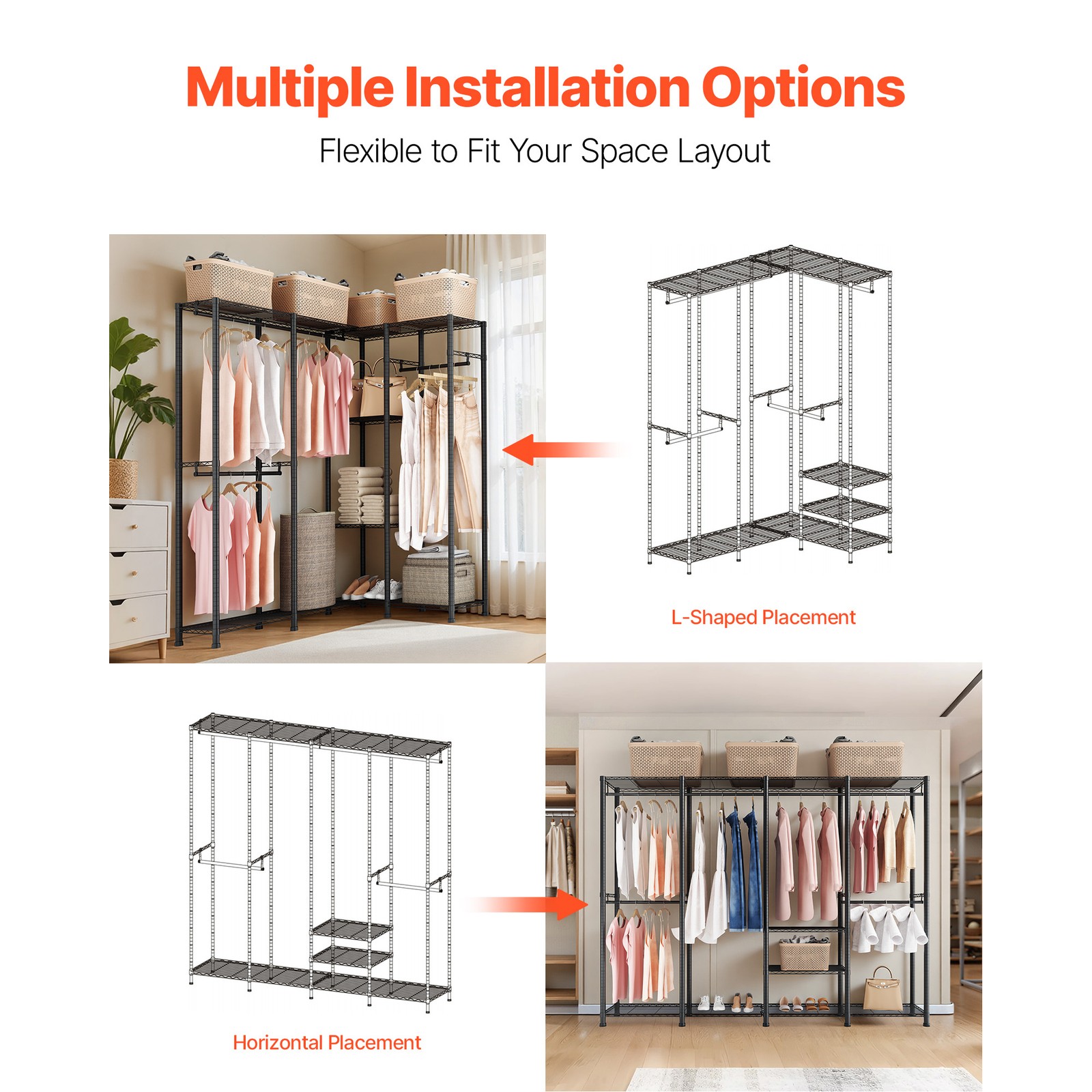 Uimoso Adjustable Height Garment Rack with 4 Hanging Rods for Clothes Storage