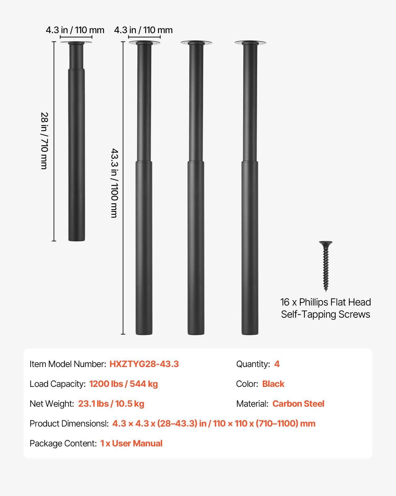VEVOR Adjustable Steel Table Legs 28-43 in 1200 lbs Heavy Duty Set of 4 Black