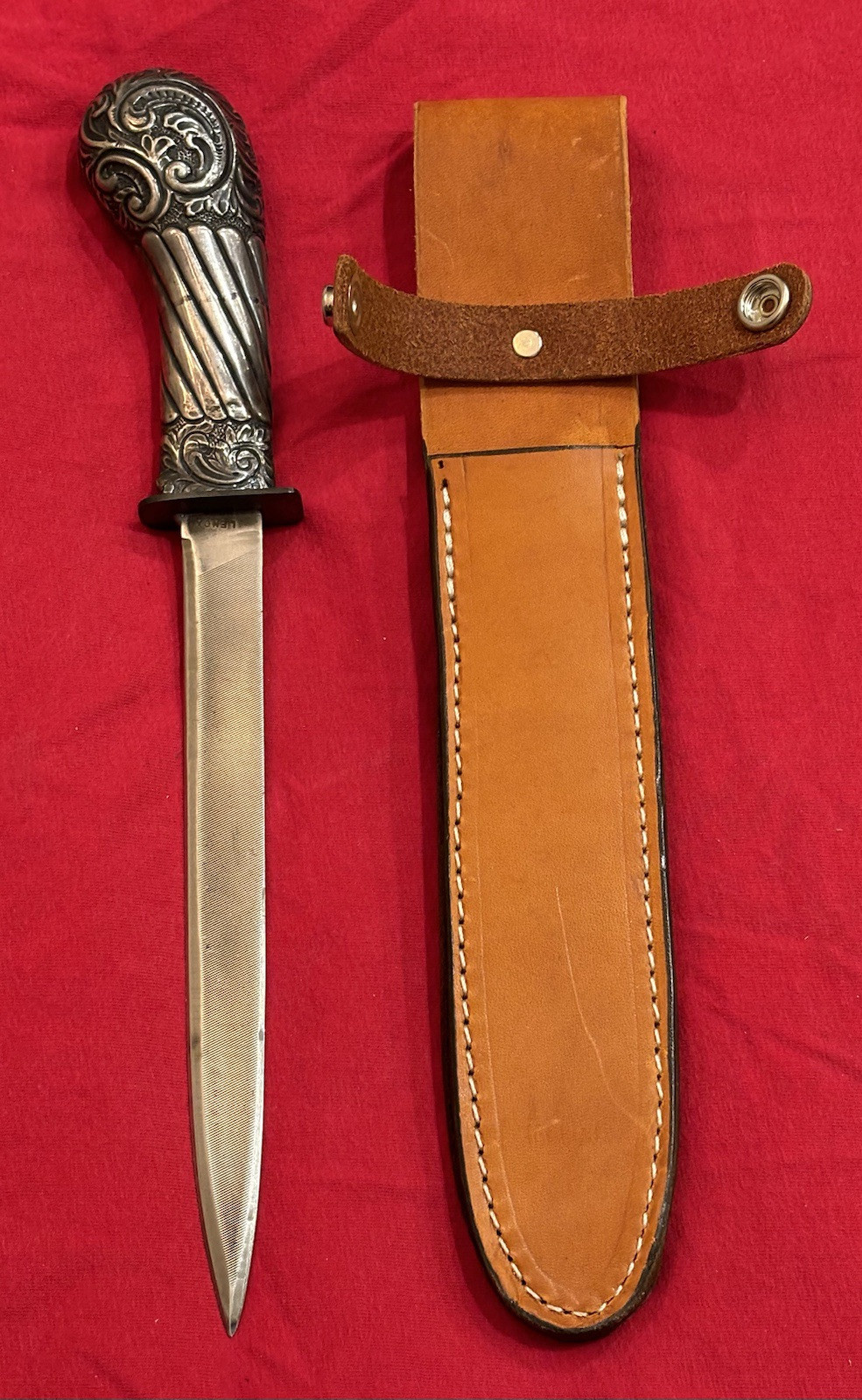 ANTIQUE SWORD HANDLE & USA FILE TO A THEATER KNIFE - NEW SHEATH