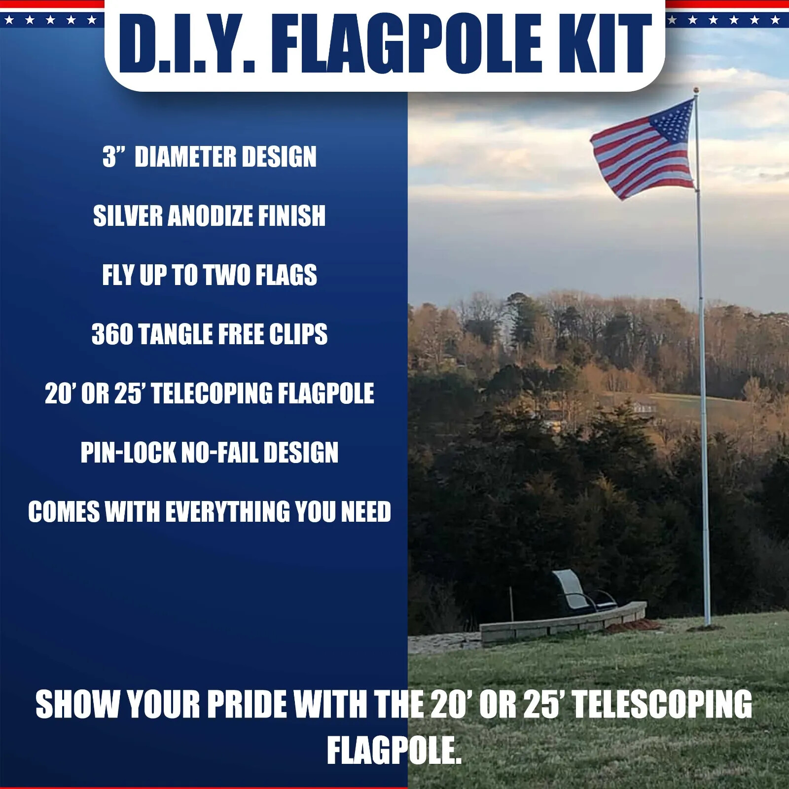 20' & 25' Delta Pin-Lock TELESCOPING Flag pole (Silver)
