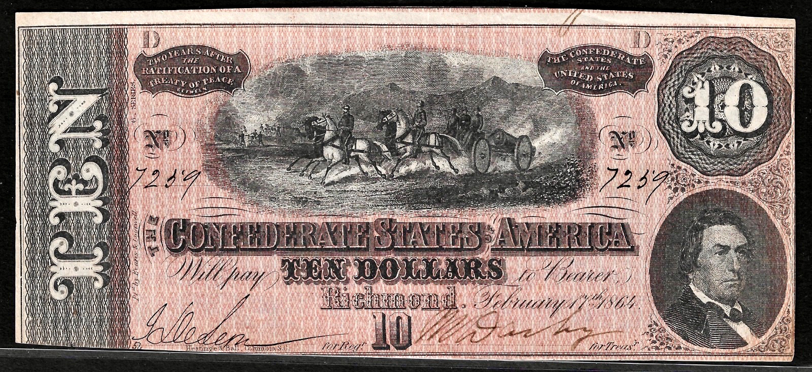 1864 CSA CONFEDERATE STATES AMERICA CURRENCY $10 Dollar Note S/N 7259 T-68