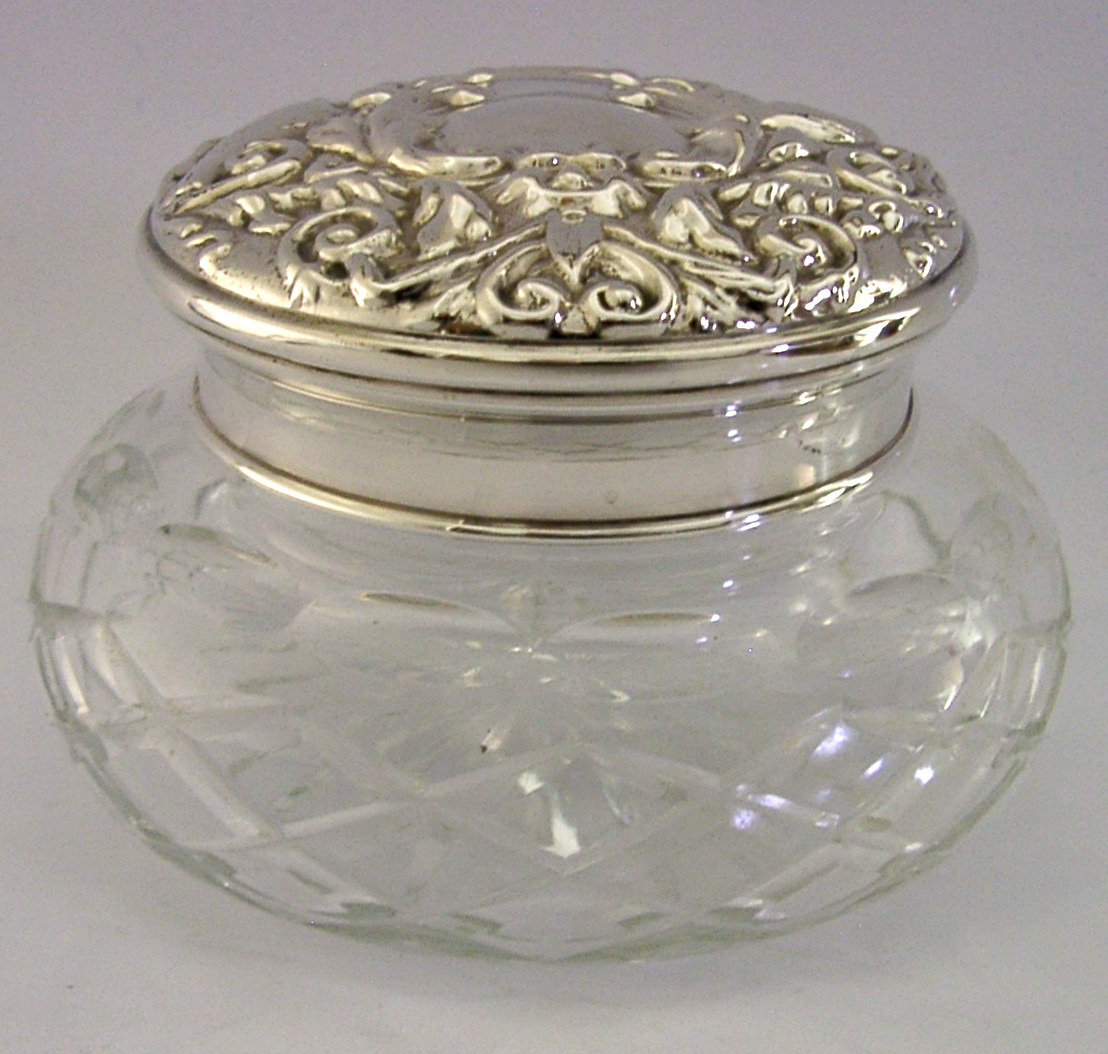 LARGE STERLING SILVER CUT GLASS POT JAR ENGLISH 1979 THE GREEN MAN