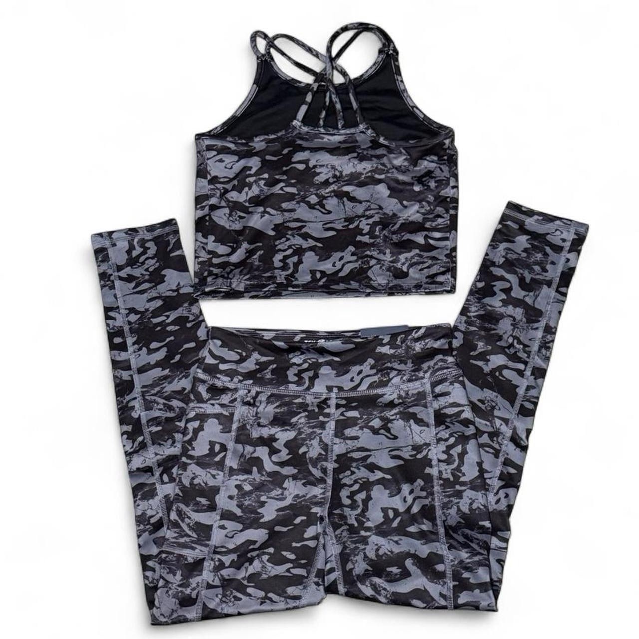 Tek Gear Camouflage Leggings & Bra Set Black Gray Moisture Wicking L (10/12)
