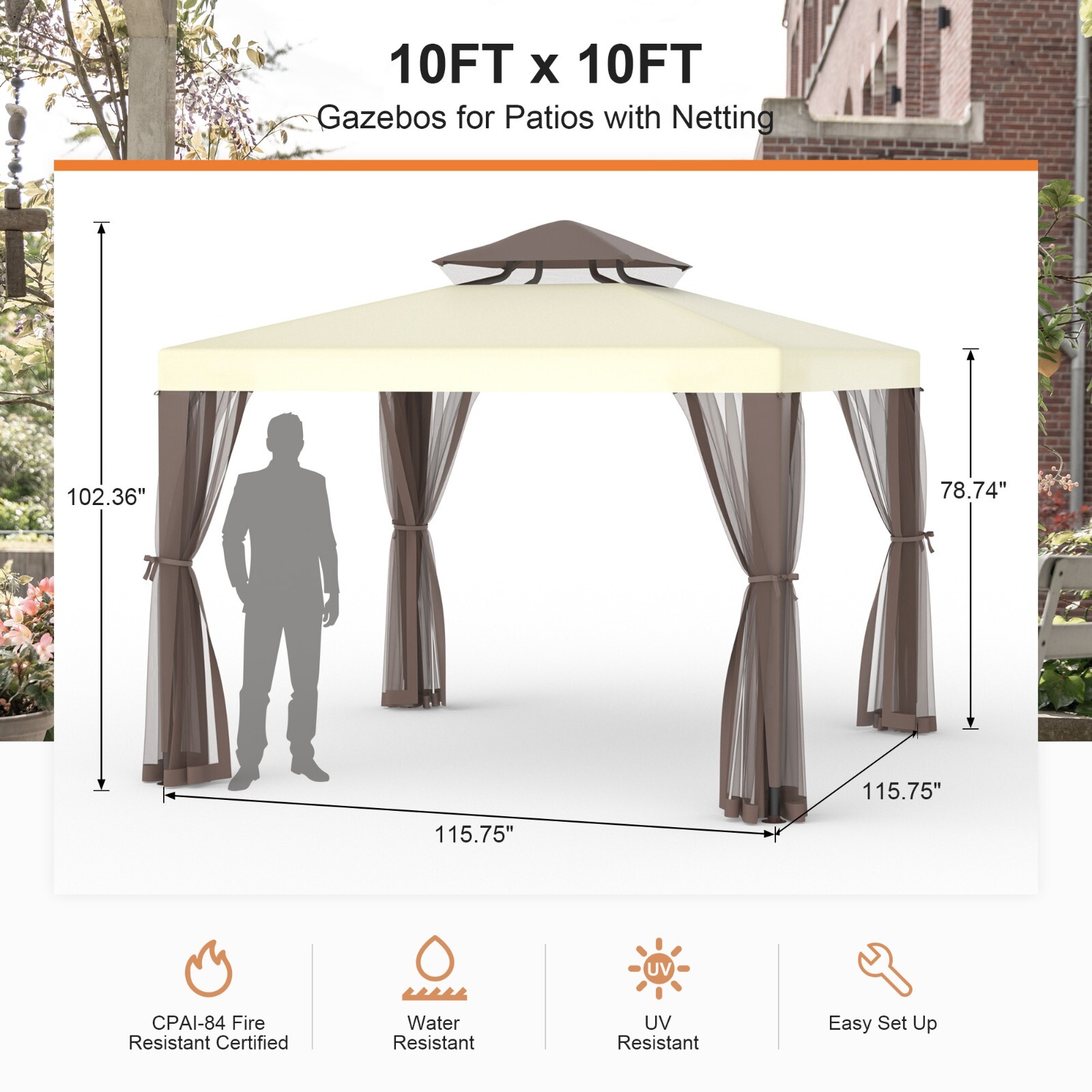 Outdoor Patio Gazebo 10x10 Pop Up Heavy Duty Canopy Tent For Backyard，Garden