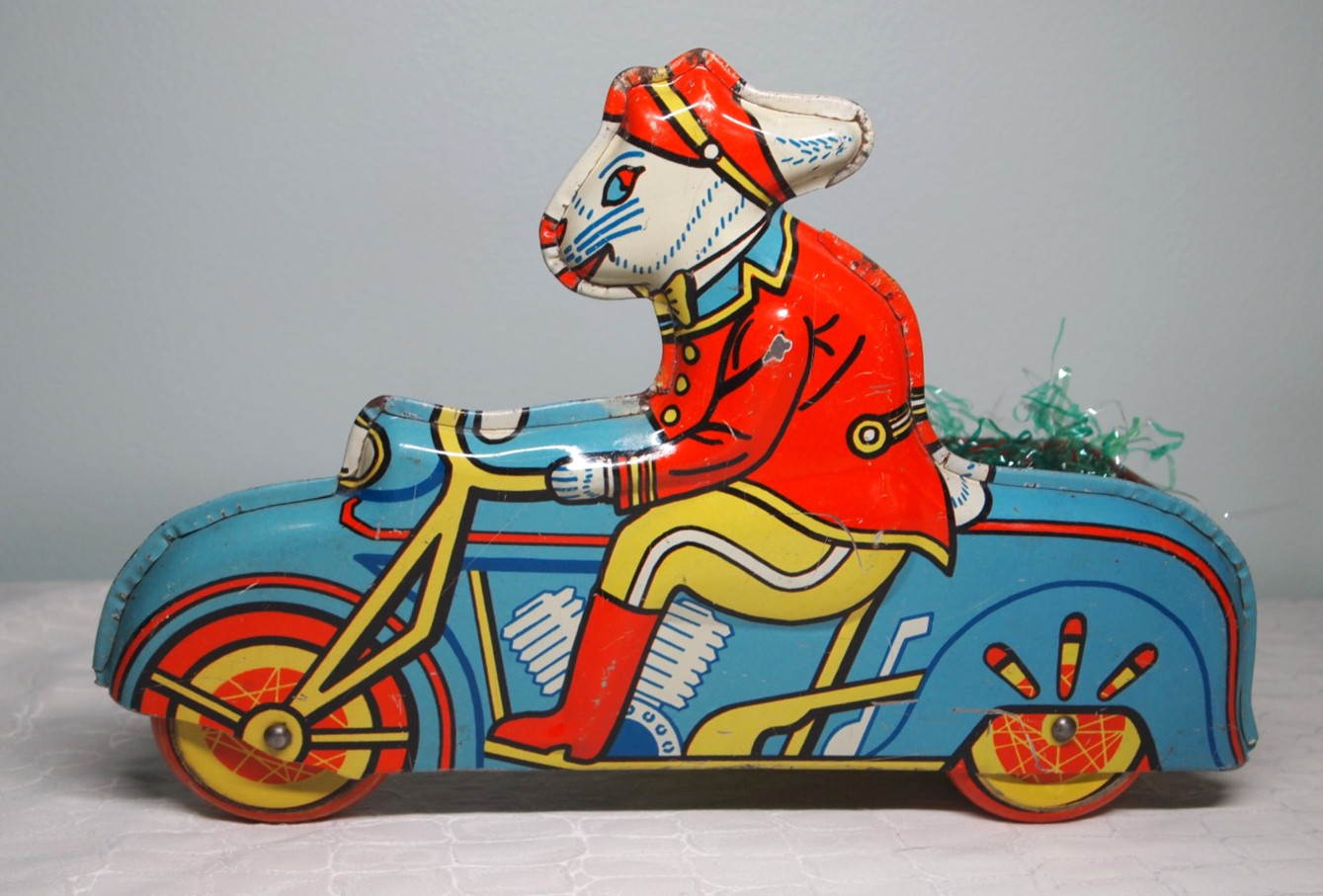 Vtg  Tin Easter Car Bunny Delivery Motorcycle & sidecar rolled steel litho