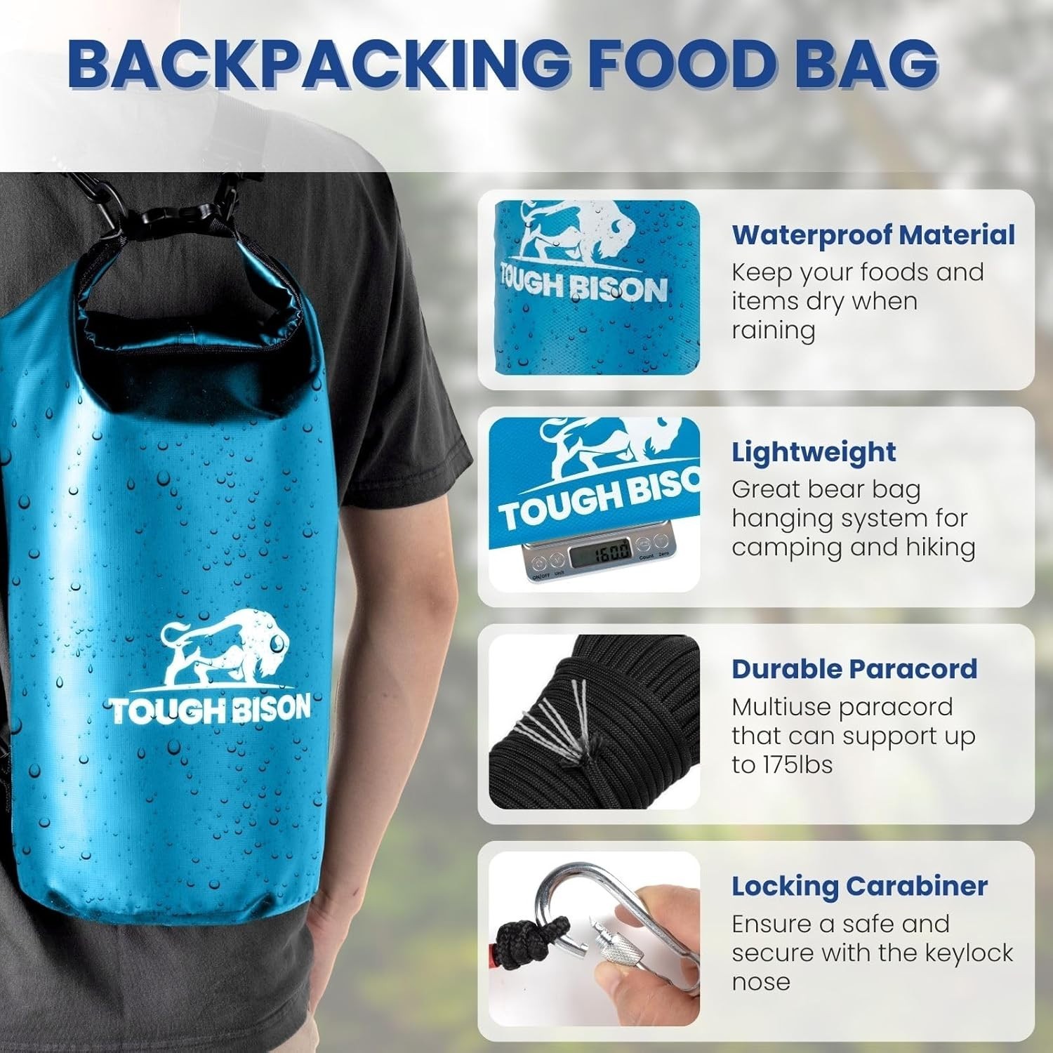 Bear Bag Hanging Kit 10L Waterproof Bear Proof Food Storage Bag, 2 Straps BLUE