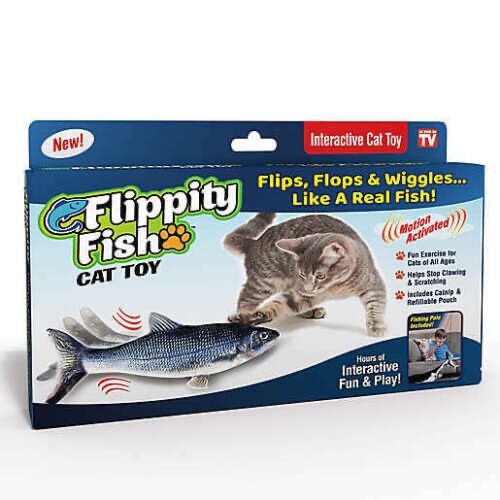 Flippity Fish Motion Activated Interactive Rechargeable Cat Toy w/Catnip & Pole
