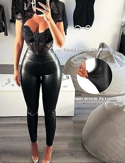 Women Stretchy Faux Leather Leggings Casual PU Pants High Waist Pencil Trousers