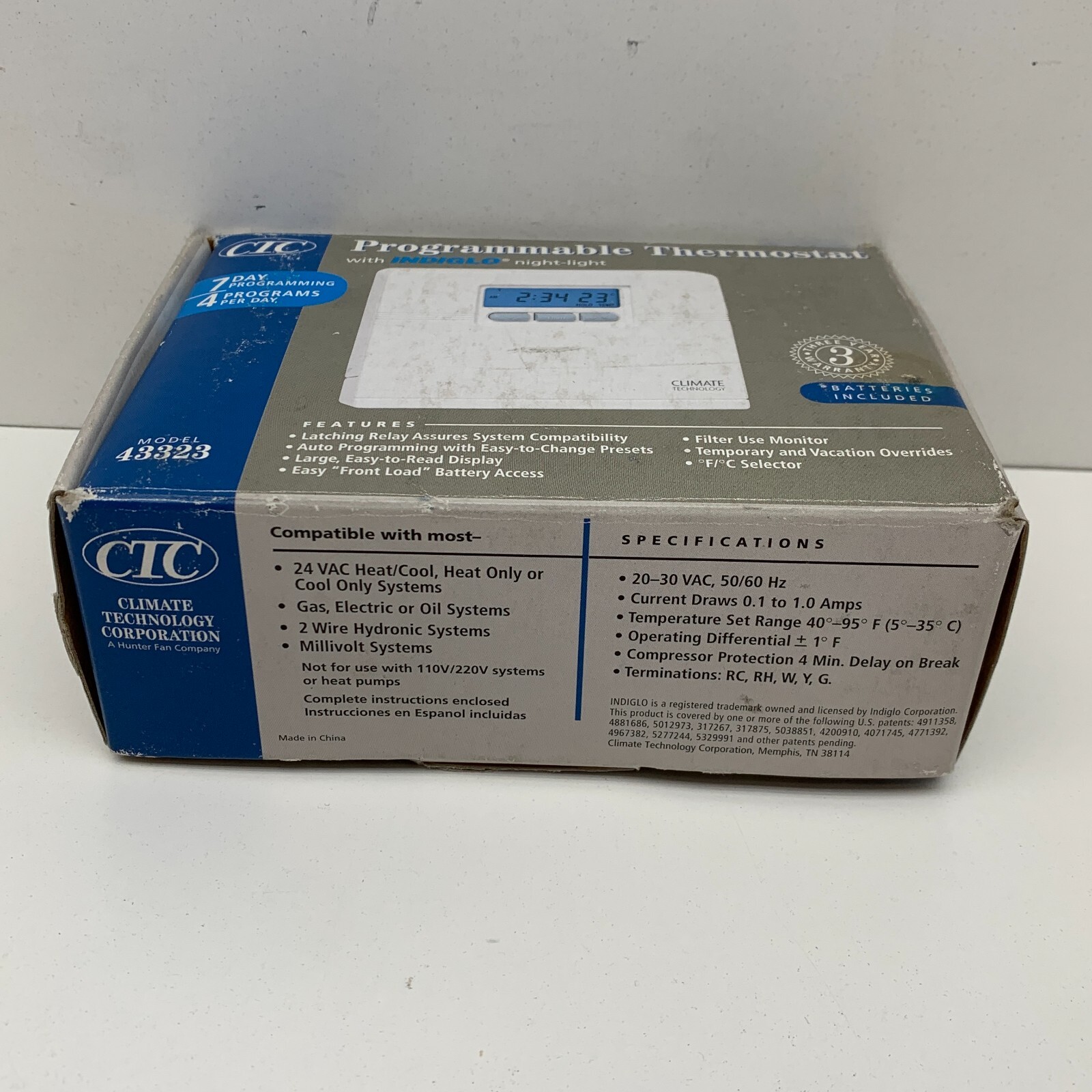 CTC 43323 Programmable Thermostat 7-Day with Indiglo Night Light