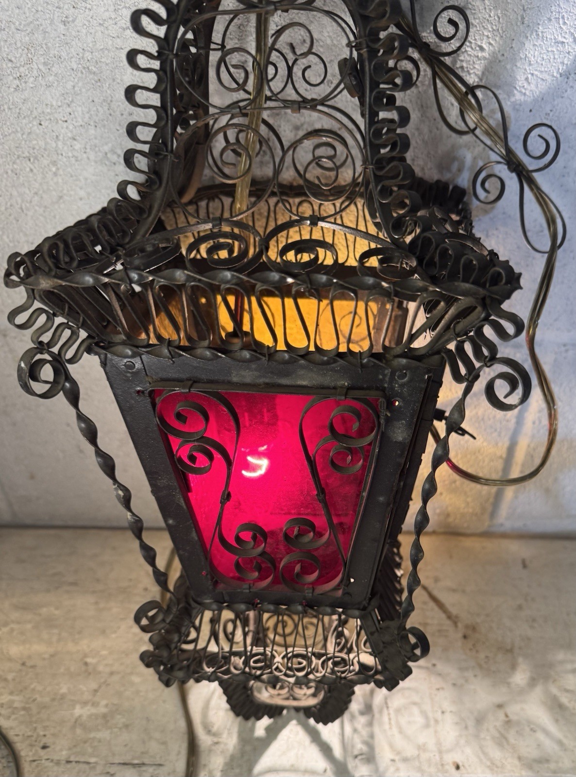 Antique Venetian Wrought Iron Lantern Hanging Electrified Light Gothic Italian