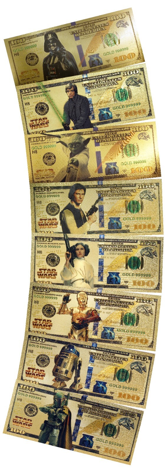 Lot of 8 Star Wars Darth Vader Yoda Luke Han Boba Fett Gold Foil Notes Set XS12