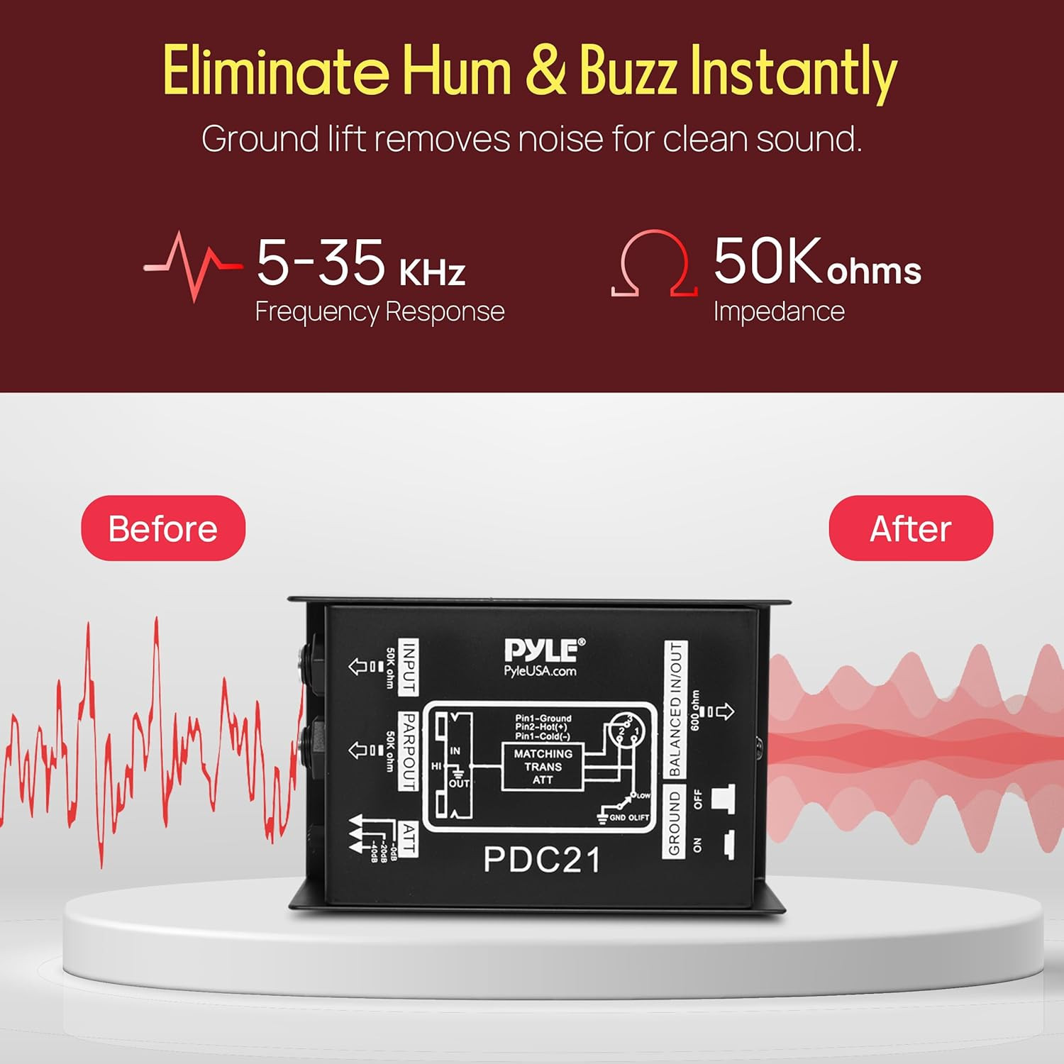 Pyle Premium Direct Injection Audio Box - 2.36" X 4.09" Passive DI Unit Hum Elim