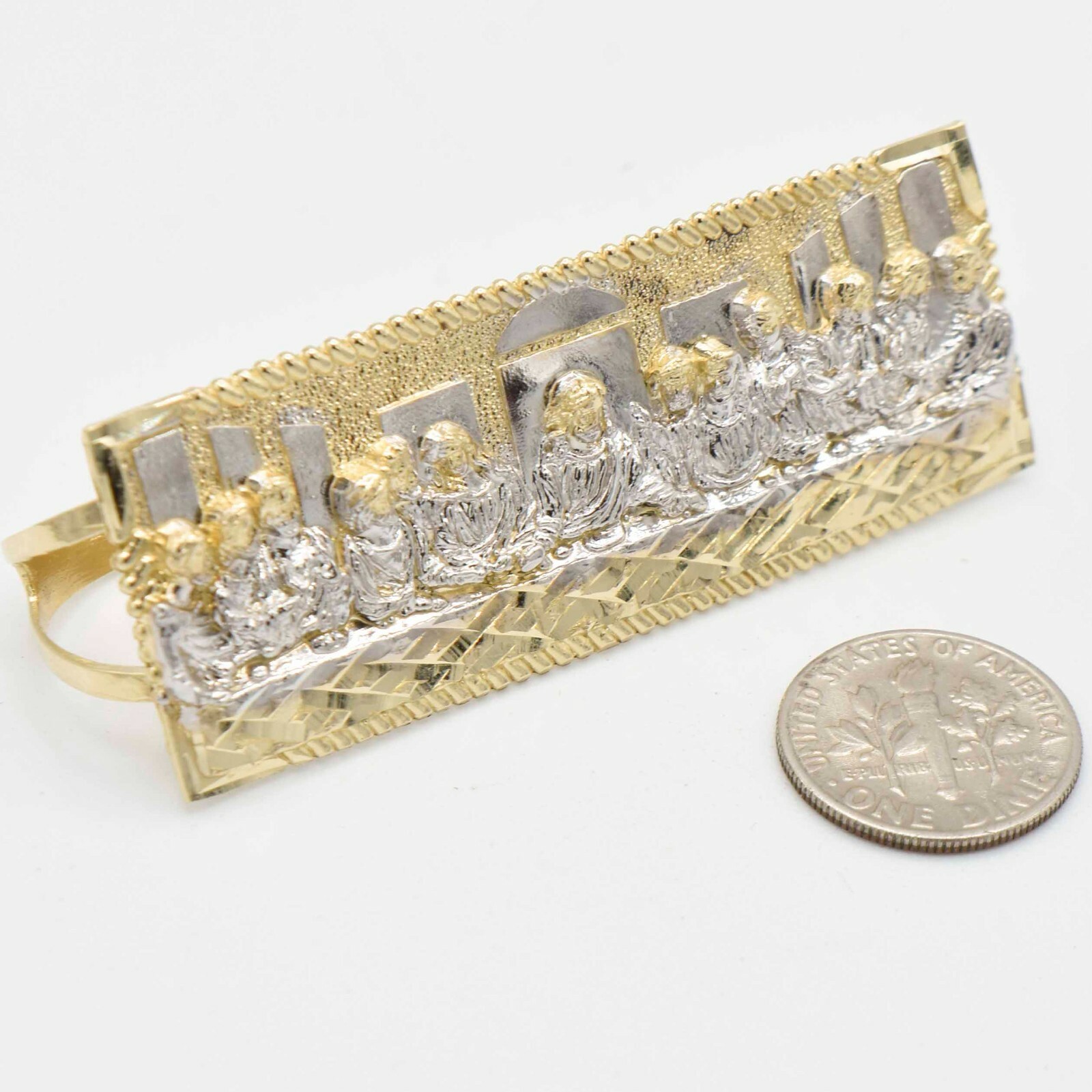 Diamond Cut Last Supper Three Finger Ring Real Solid 10K Yellow White Gold