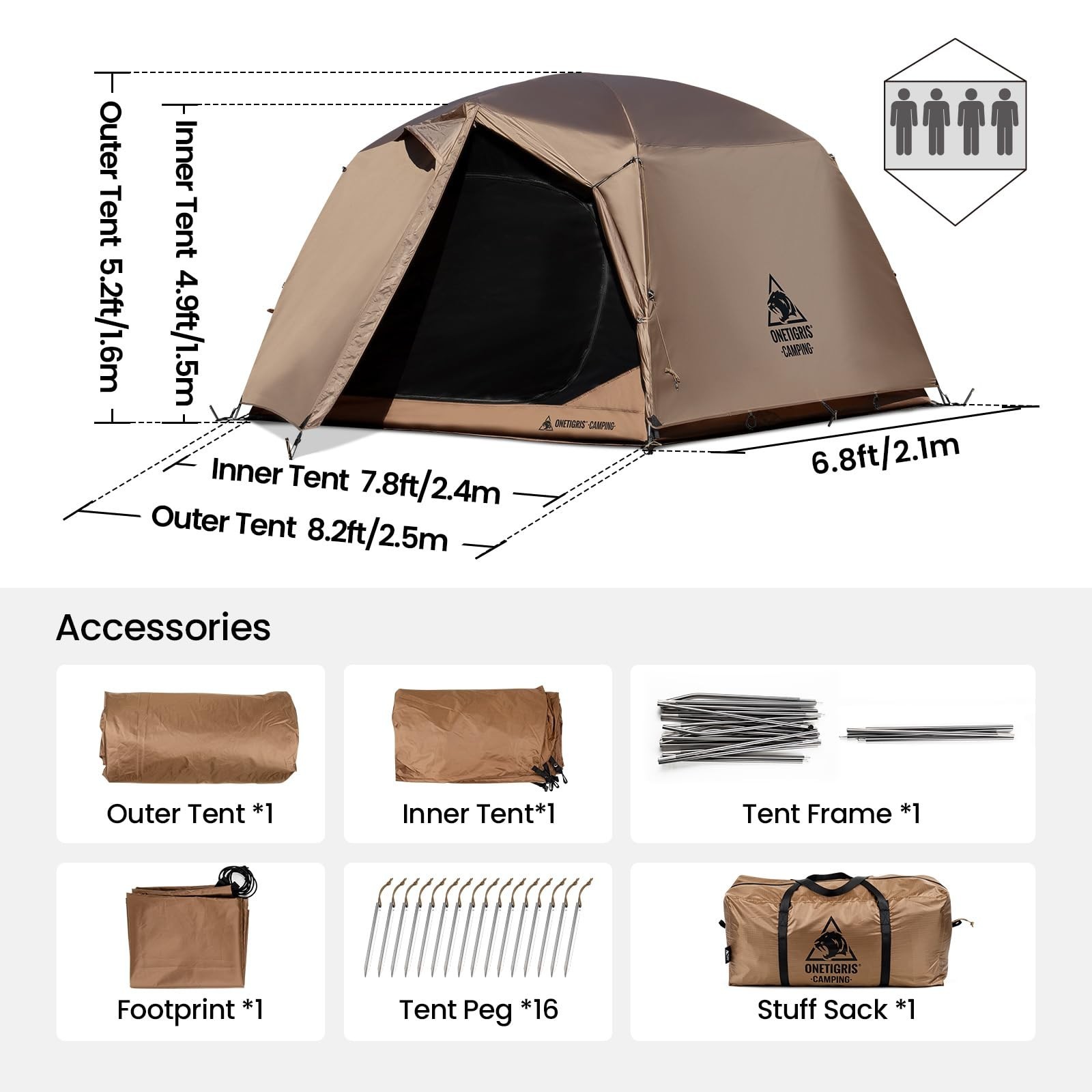 OneTigris JOVIAN 4 Person Camping Tent 3 Season Family Shelter Easy Setup Out...