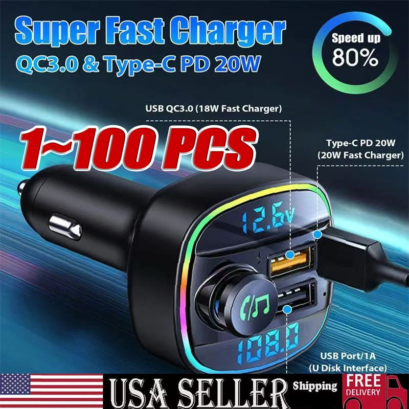 Bluetooth 5.0 Car Wireless FM Transmitter Adapter USB PD Charger AUX Hands LOT