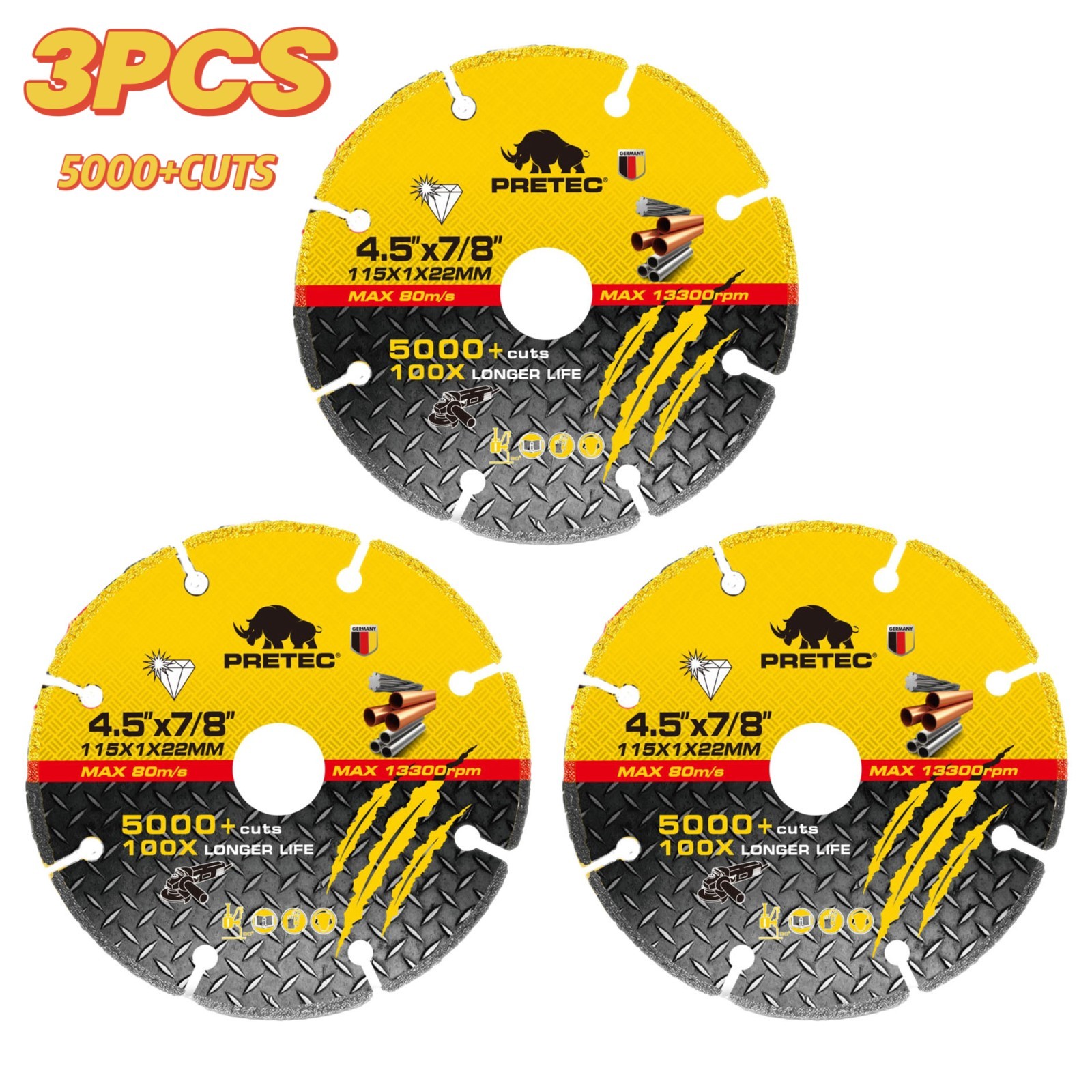 Diamond Cutting Wheel 4 1/2 Inch Metal Cut-Off with 5000+ Cuts on Rebar - 3 Pack