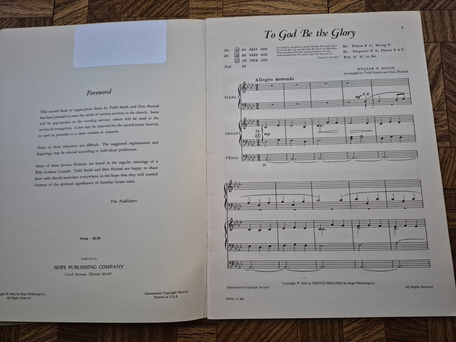 2 SERVICE PRELUDES FOR ORGAN AND PIANO songbooks arr. Don Hustad/Tedd Smith 1964