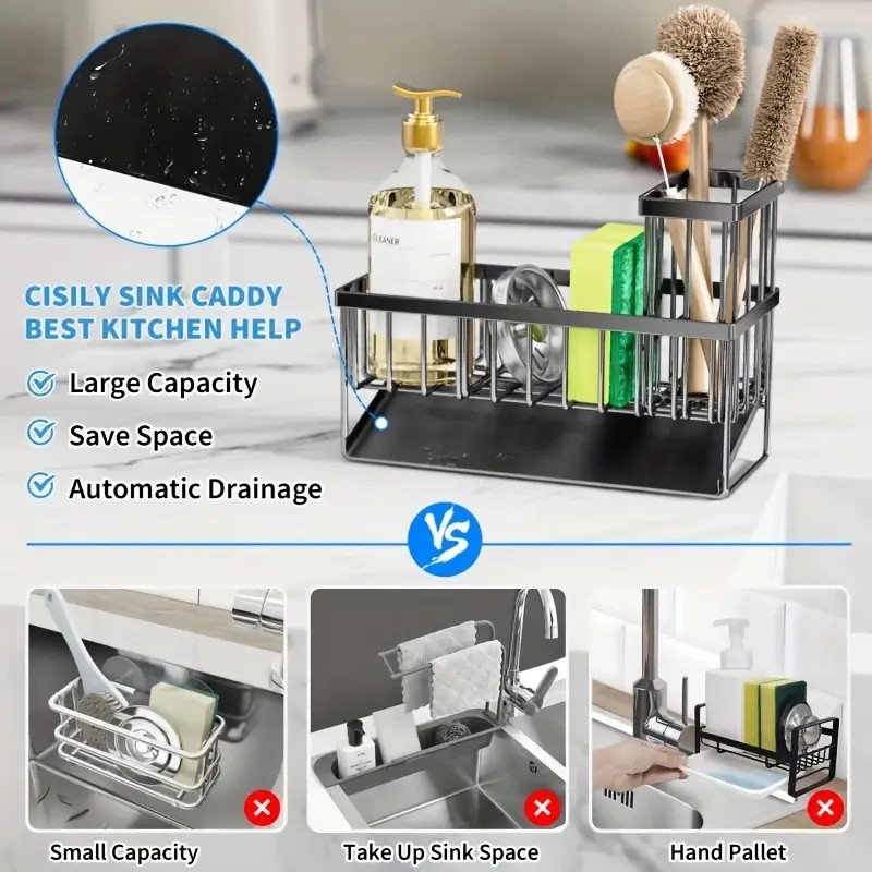 Stainless Steel Kitchen Sink Sponge Organizer Rack with Chopsticks Towel Holder