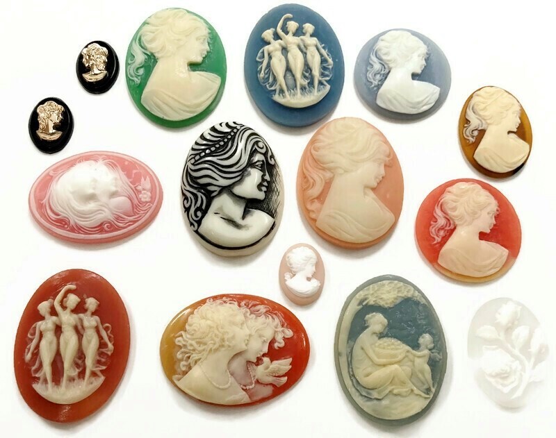 15 Vintage Acrylic Cameos (Hong Kong, Japan, West German) DIY Jewelry Making C81