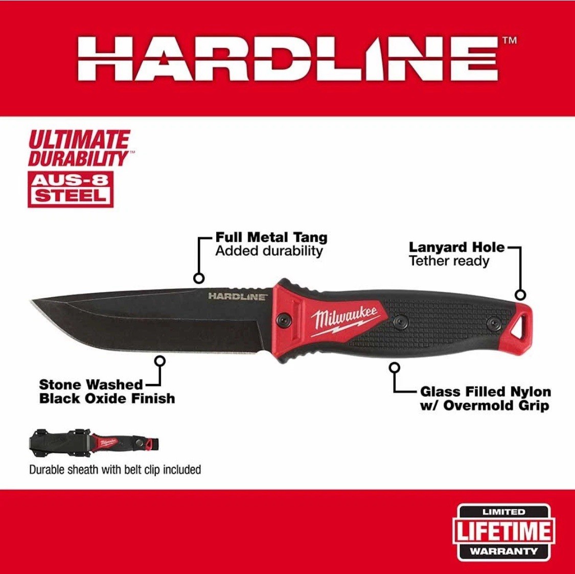 Milwaukee 5-Inch HARDLINE Full Tang Fixed Blade Knife Lifetime Warranty