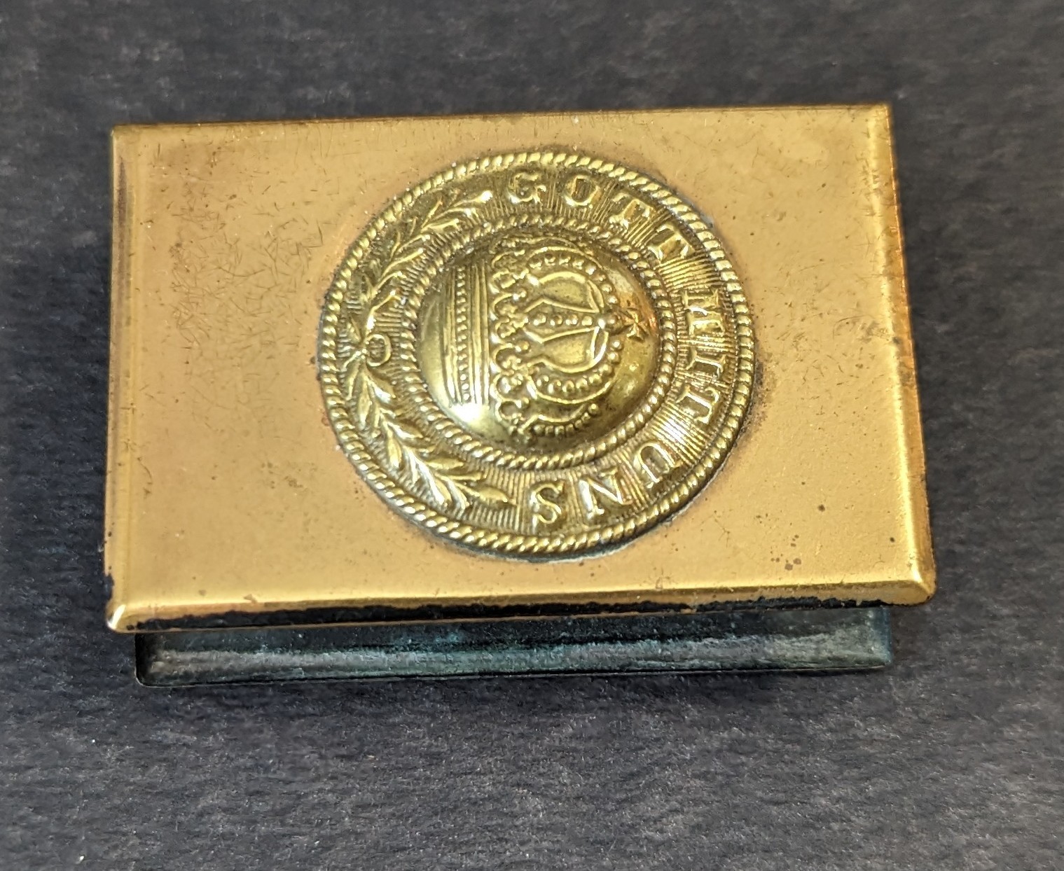 ***ANTIQUE WWI ERA GERMAN BRASS MATCHBOX HOLDER...GOTT MIT UNS