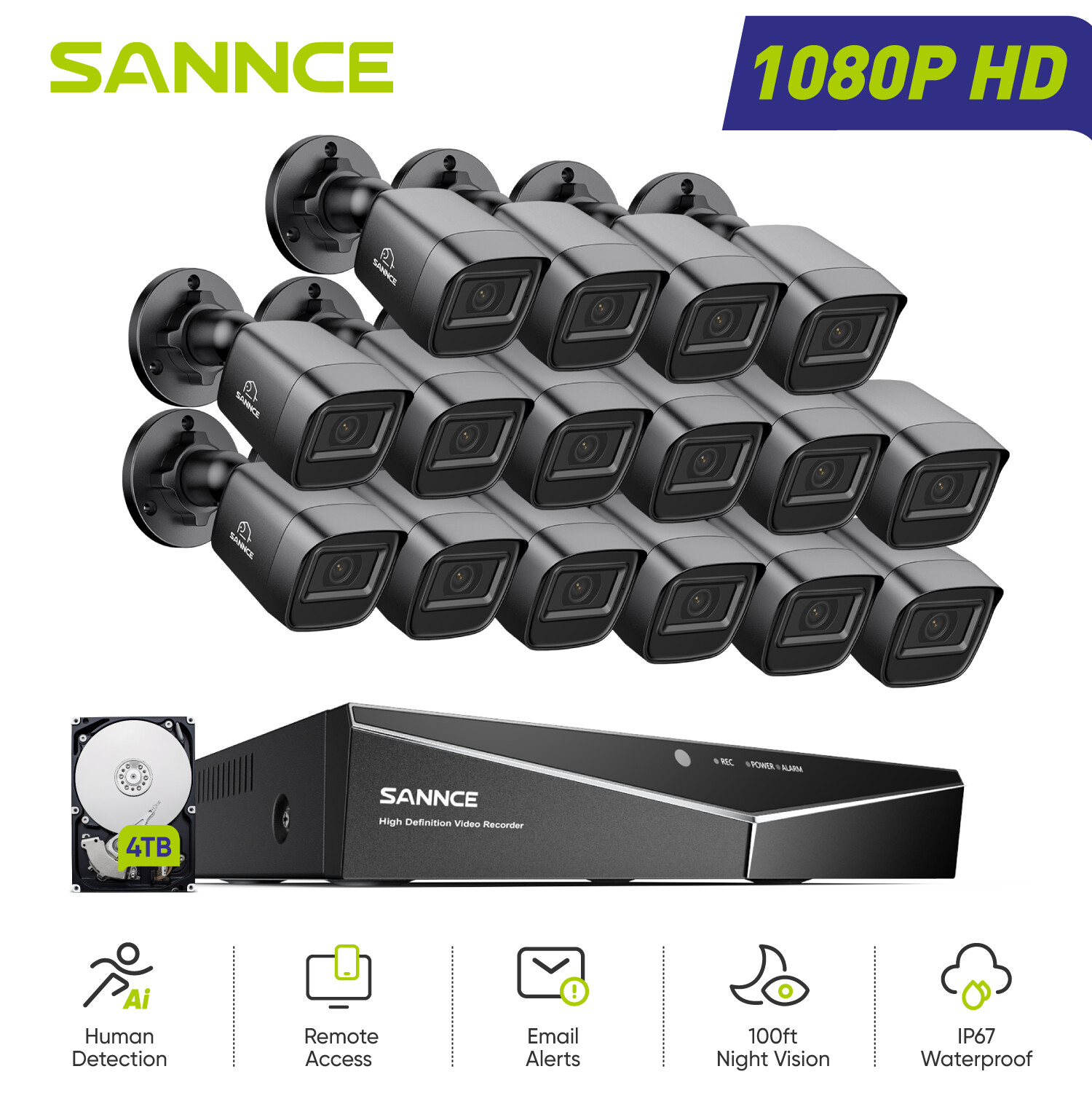 SANNCE 16CH DVR HD 1080P Video CCTV Security Camera System Smart Human Detection