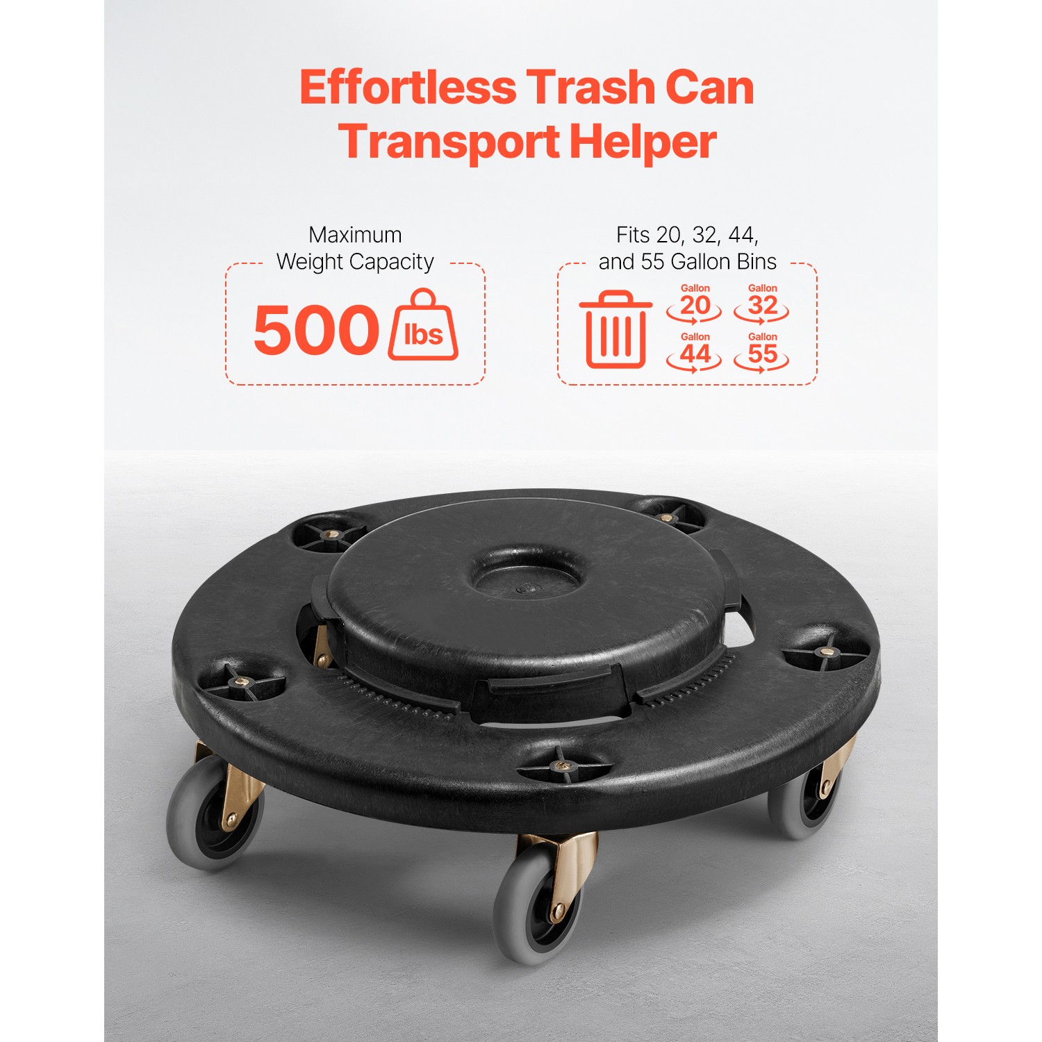 Round Trash Can Dolly Fit 20, 32, 44, 55 Gal Garbage Container 500lbs