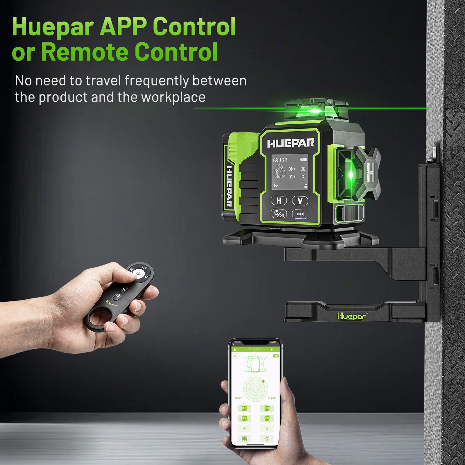 Huepar 3x360° Green Cross Line Bluetoothed Laser Level with Large LCD Screen