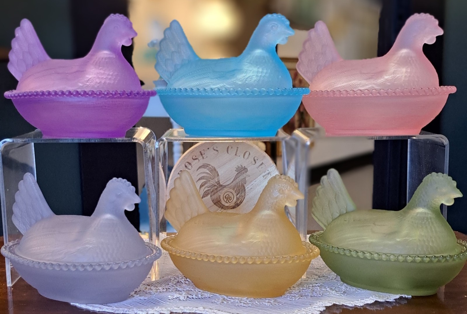 Set Of 6 Hen On Nest, COMPLETE SET OF SATIN ROSE'S CLOSET