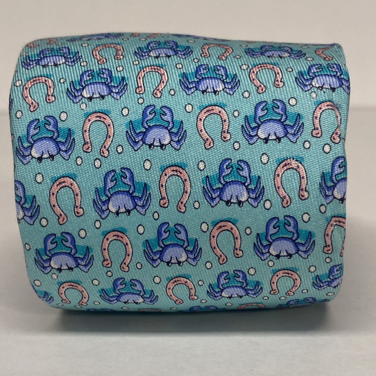 Vineyard Vines Boys Teal Blue Repp Silk Tie Lucky Horse Shoe Crabs 49.5” USA E2