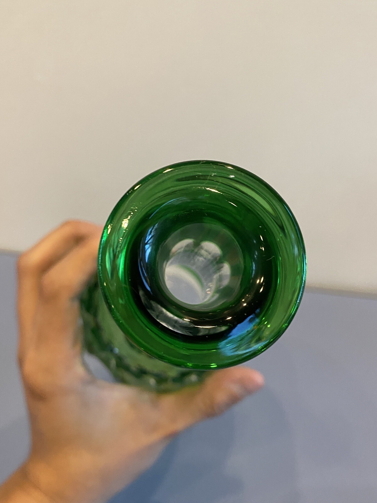 STUNNING VTG Emerald Green Cut To Clear Crystal Decanter W/Stopper 15.25"H