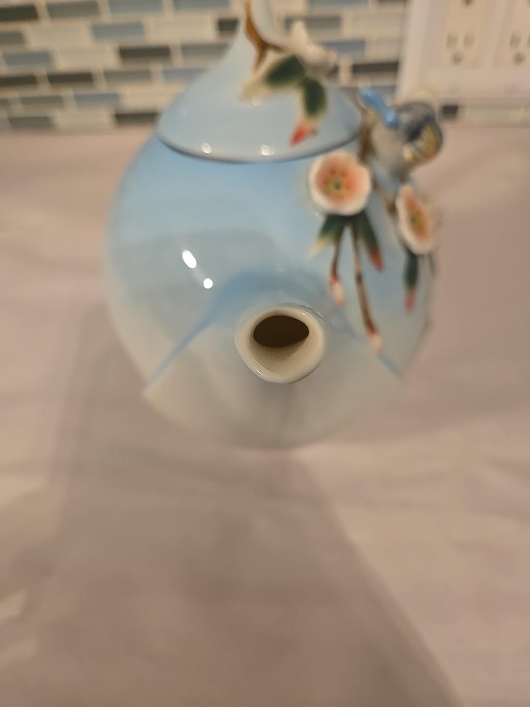 Pier 1 Imports Hand Painted Porcelain 3D Decorative Teapot Birds Flowers 7”