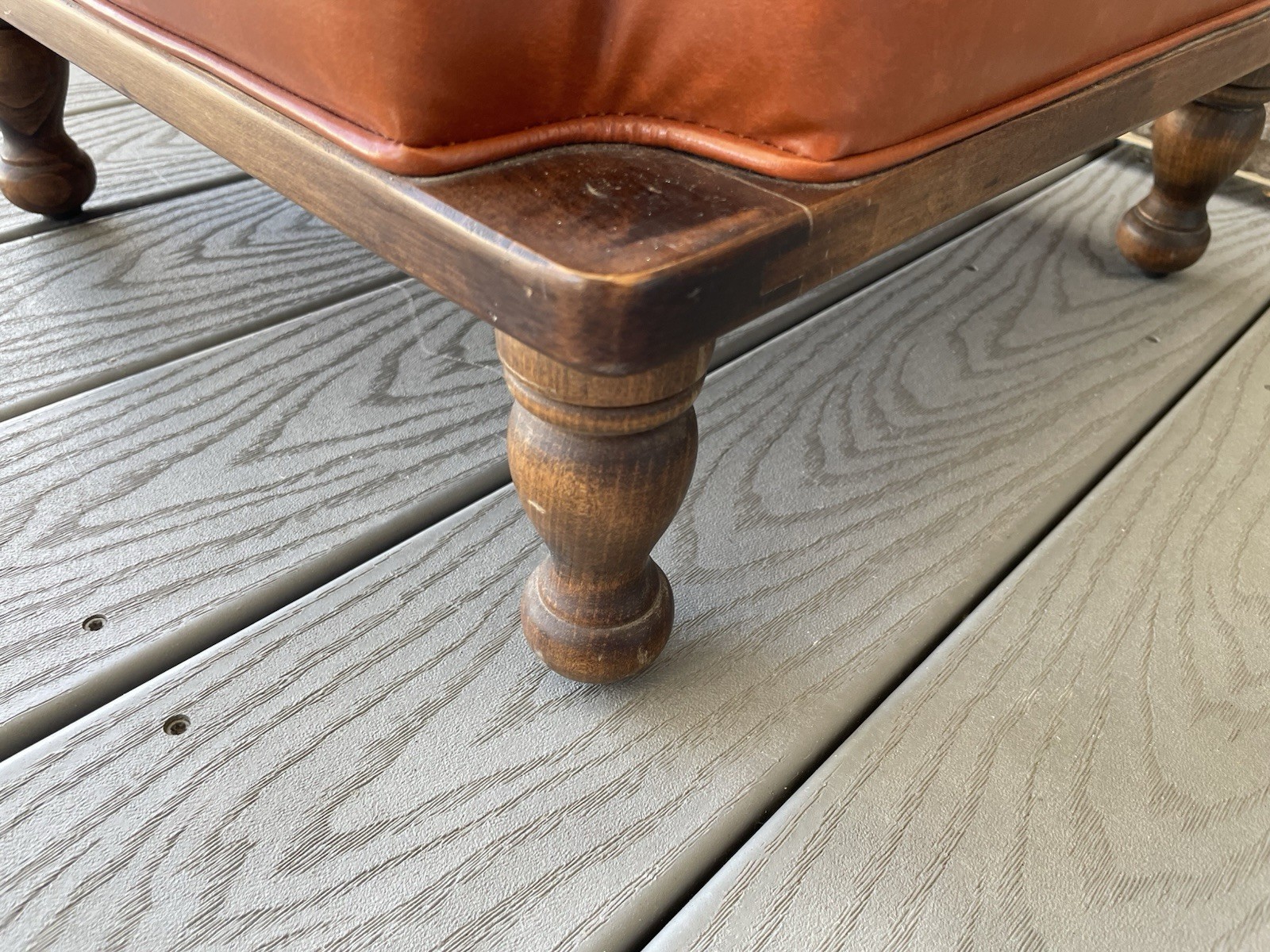 Ethan Allen Bronze Vinyl Cushion Top Solid Wood Base Vtg Ottoman Footstool