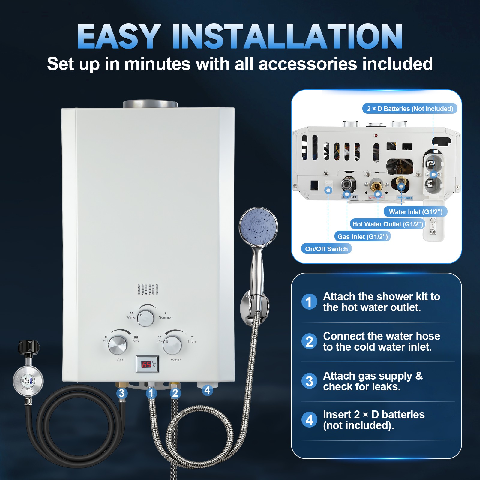 Tankless Propane Gas Hot Water Heater On-Demand Instant Gas Pressure 2800 Pa