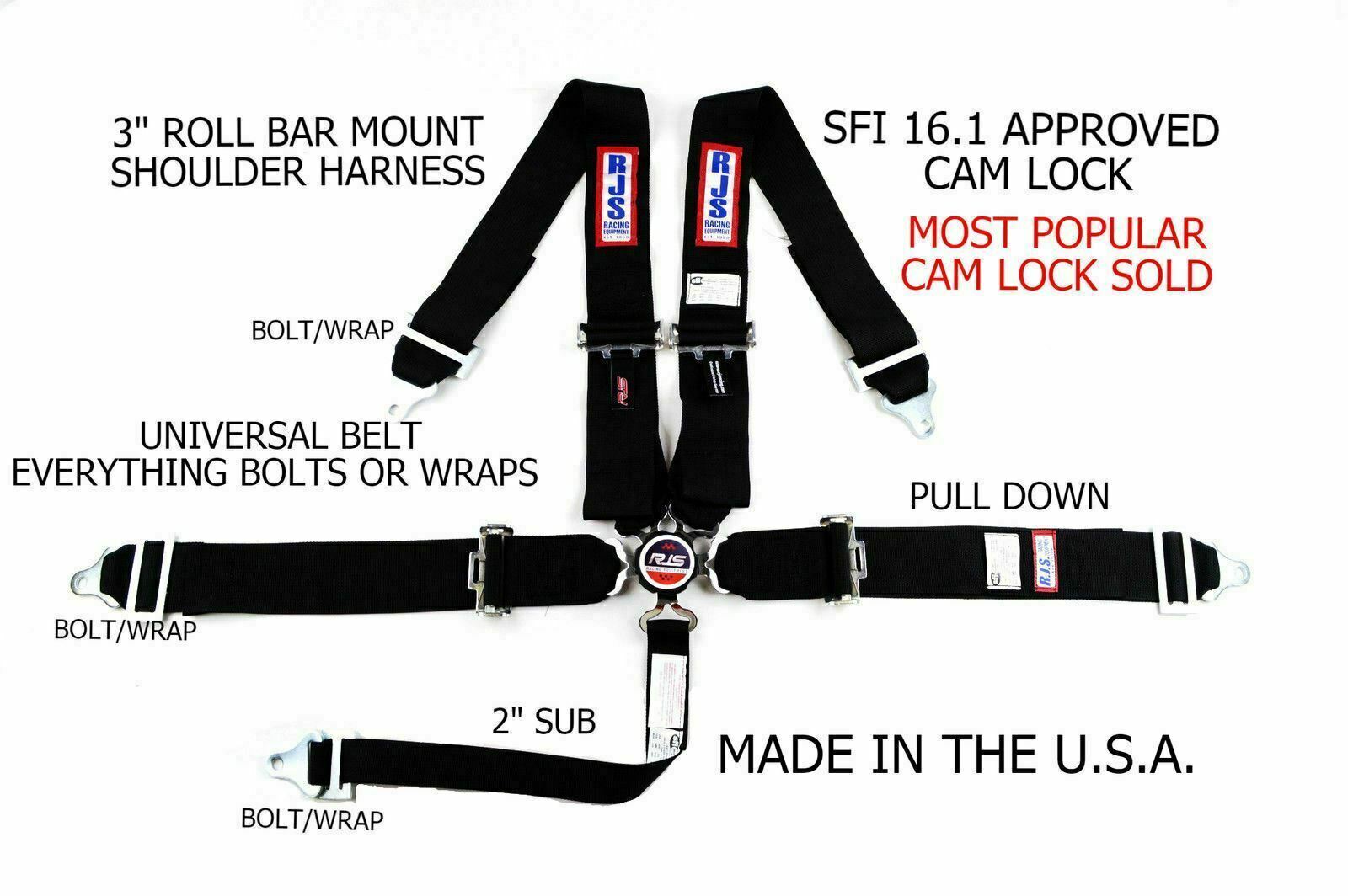 RJS SFI 16.1 UNIVERSAL 5PT CAM LOCK RACING HARNESS BELT BLACK & ALL BLACK HW