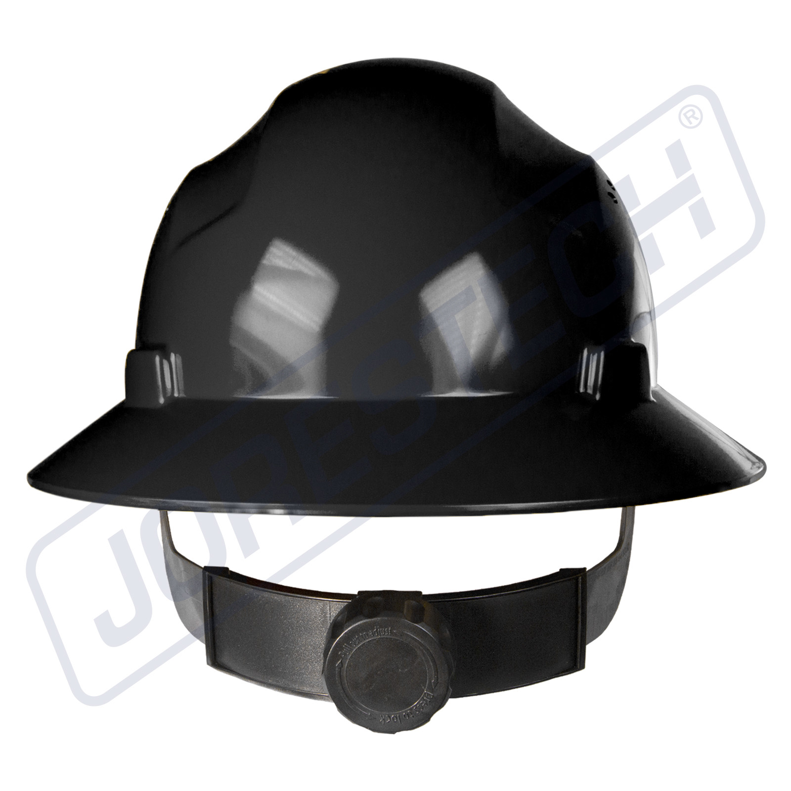 BLACK HARD HAT FULL BRIM JORESTECH 4 POINT RATCHET SUSPENSION CONSTRUCTION