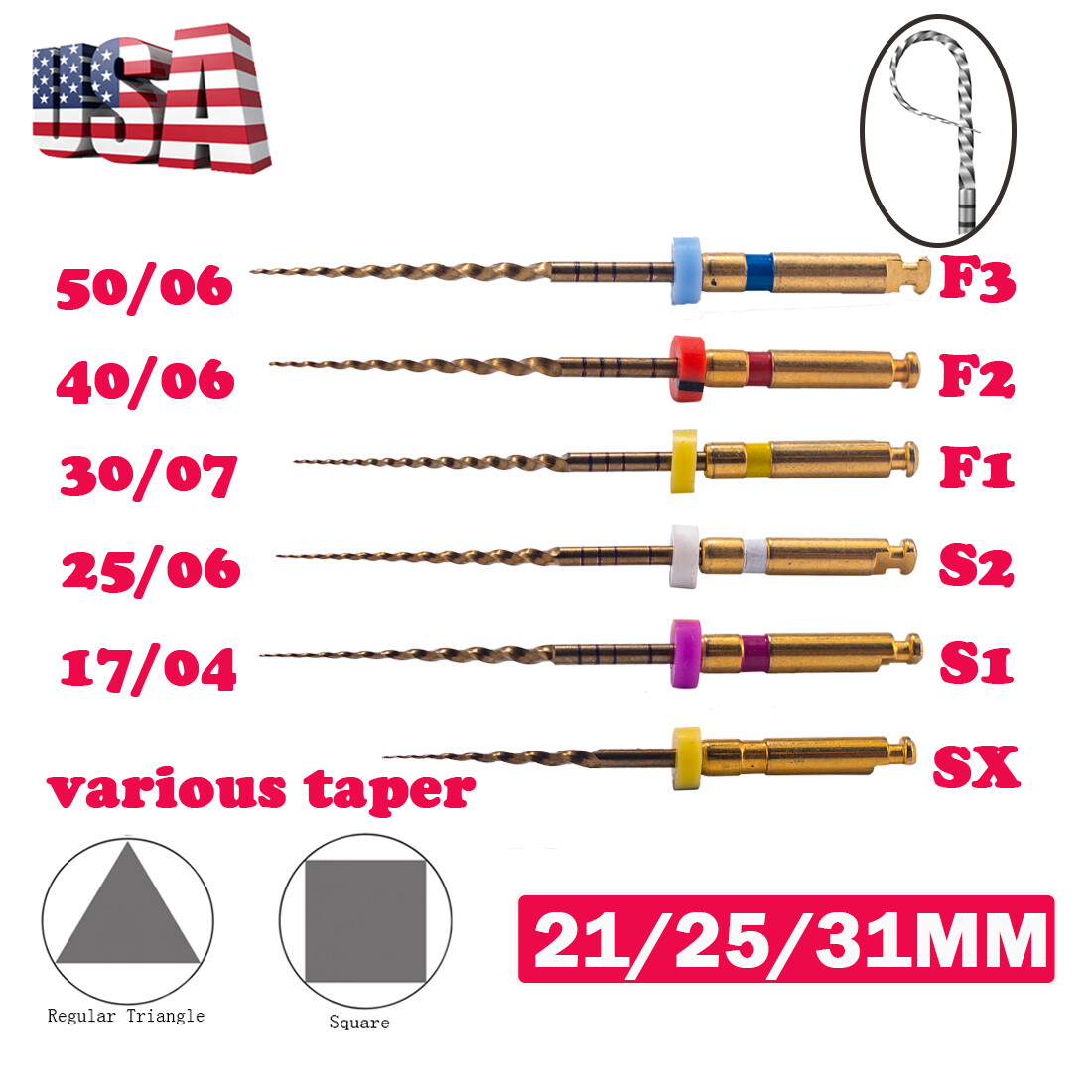 6pcs Endodontic Dental Endo Files Rotary NITI Files X-Pro Gold Taper 21/25/31MM