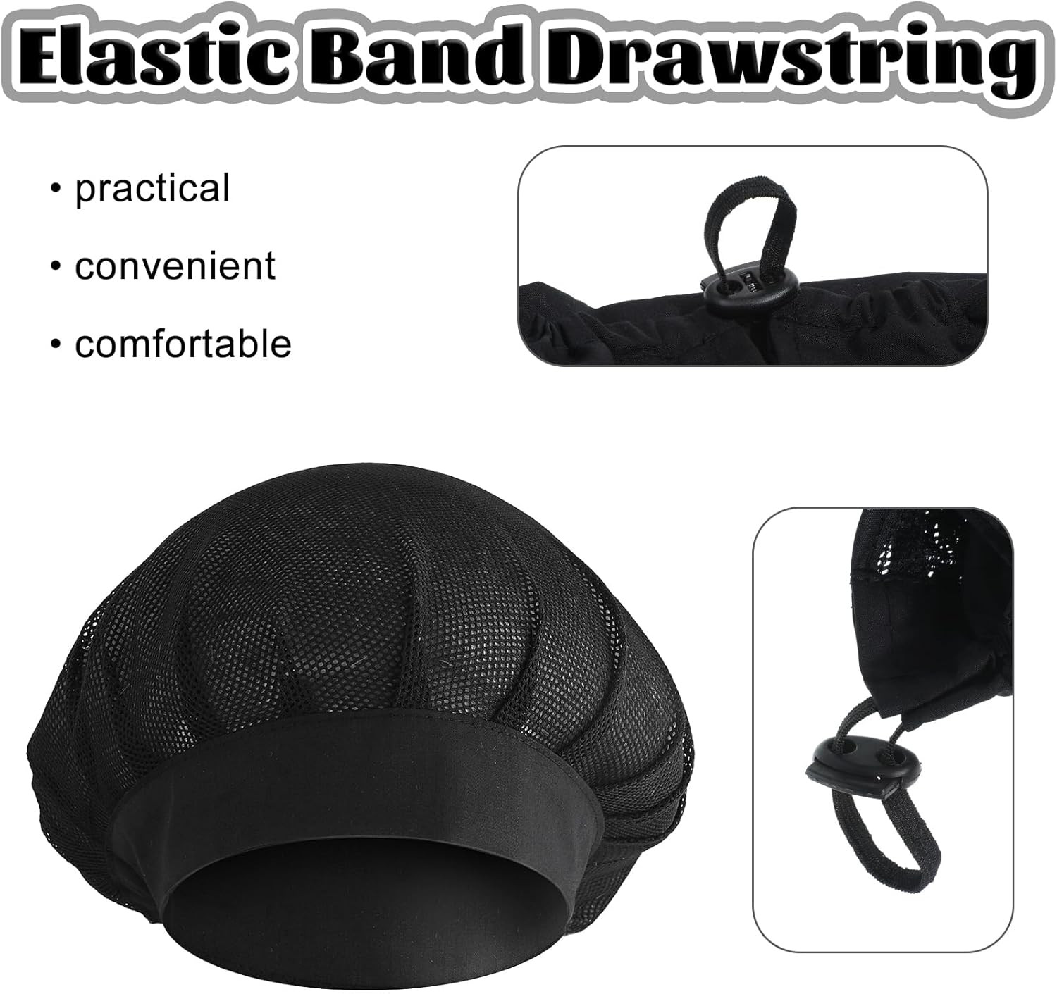 3 Pcs Chef Hats Hair Nets Adjustable Mesh Kitchen Cooking Beanie Caps Black