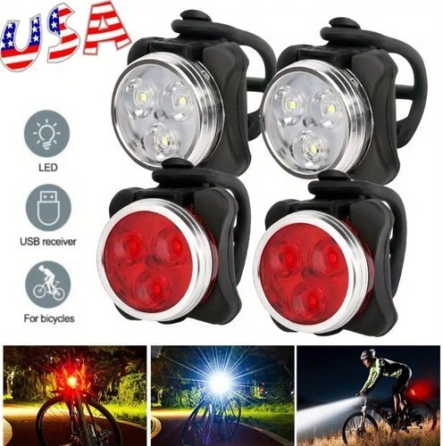 4PCS Mountain Bike Lights USB Rechargeable Bicycle LED Torch Front Rear Lamp Set